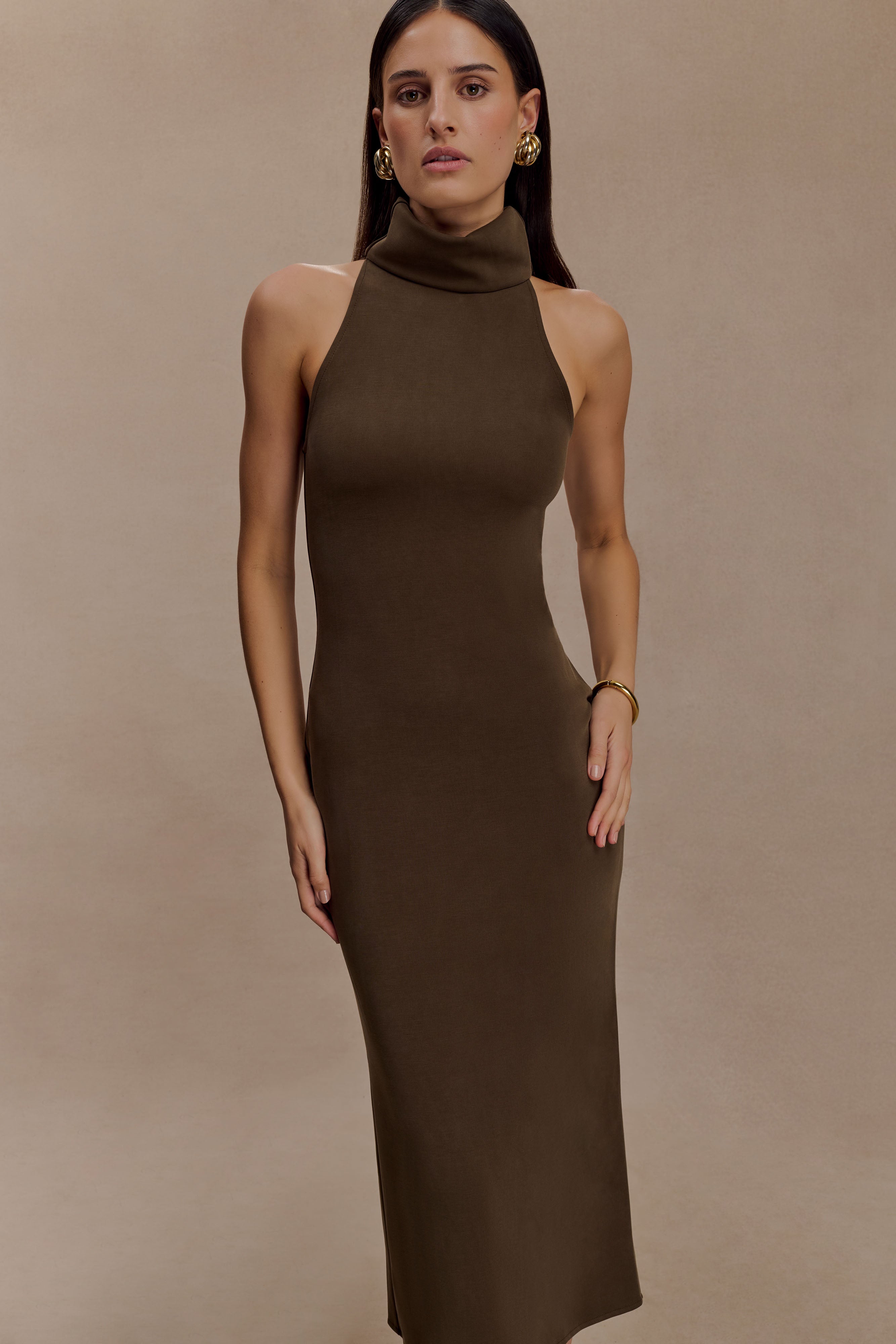 Kennedy High Neck Midi Dress - Chocolate - Image 7