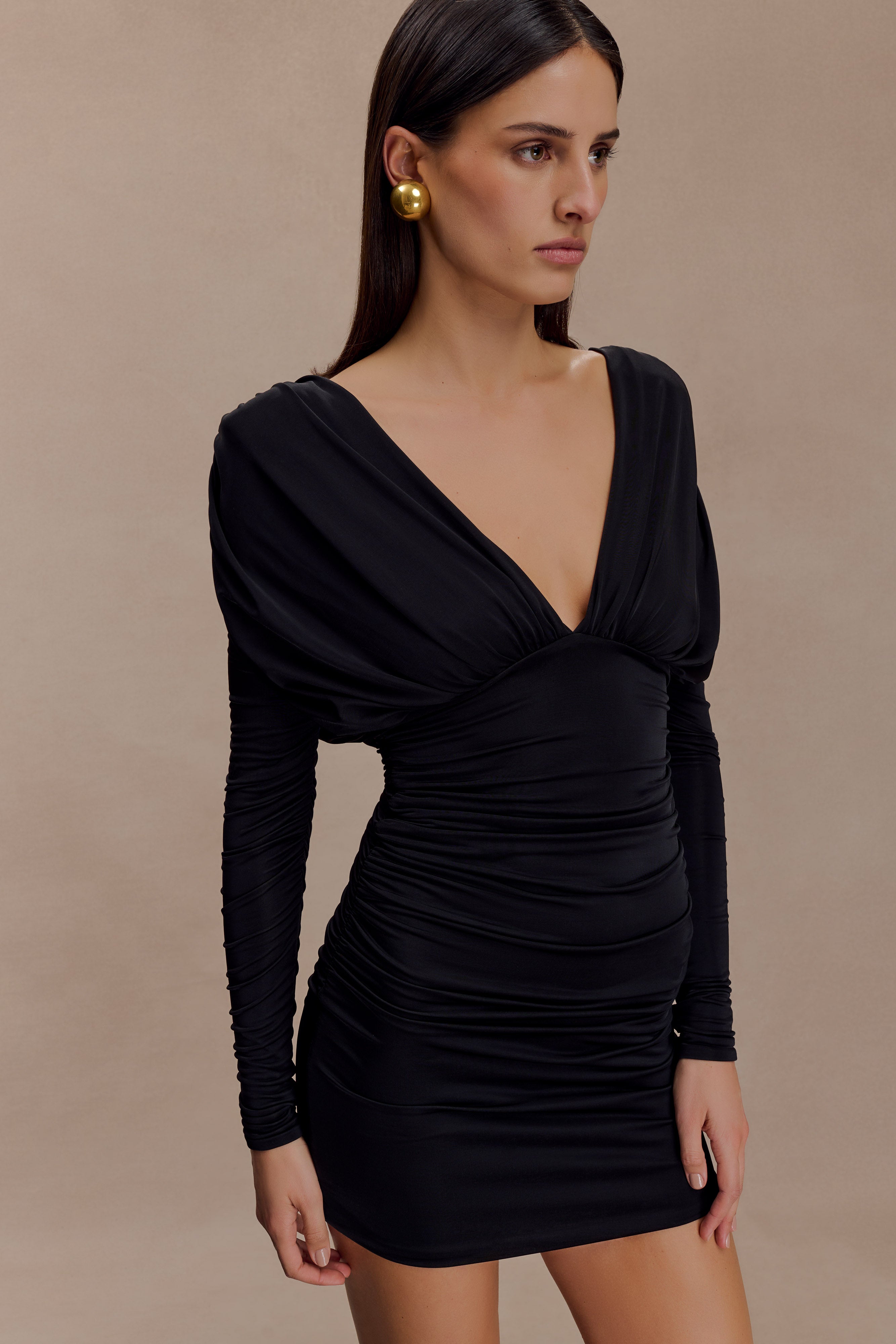 Hayden Long Sleeve Plunge Mini Dress - Black - Image 7