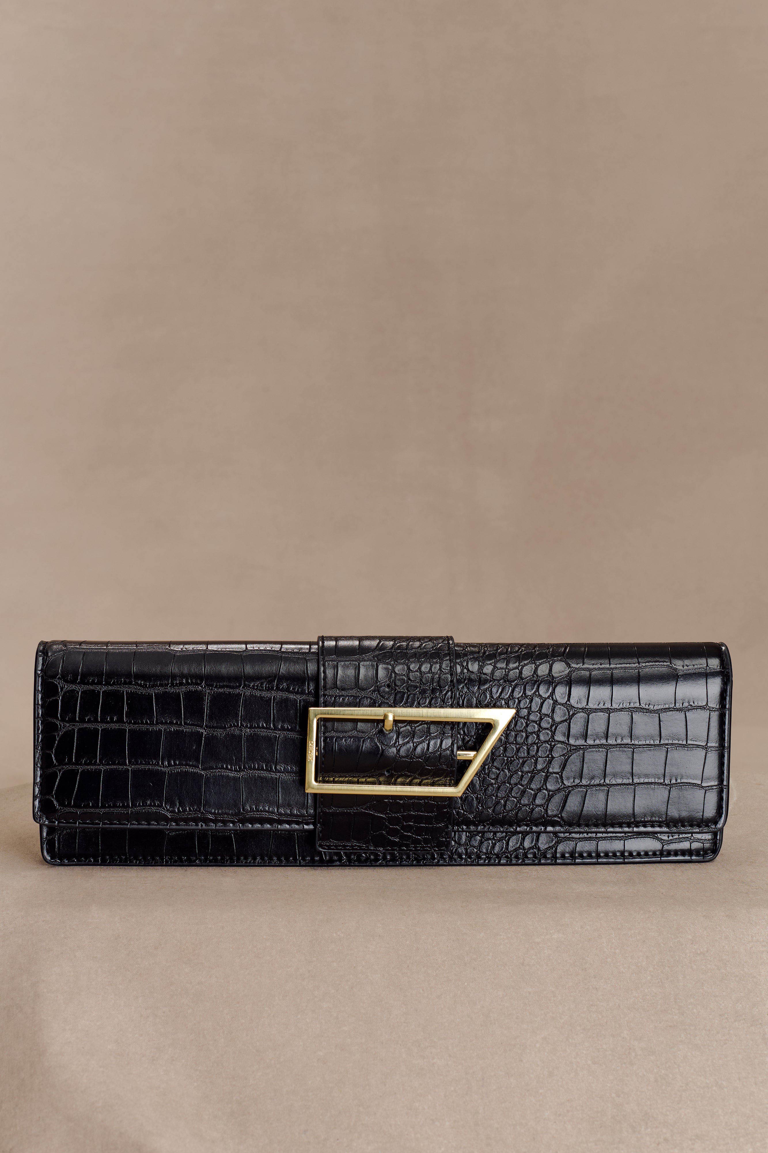 Jessica Faux Leather Crocodile Clutch - Black - Image 4