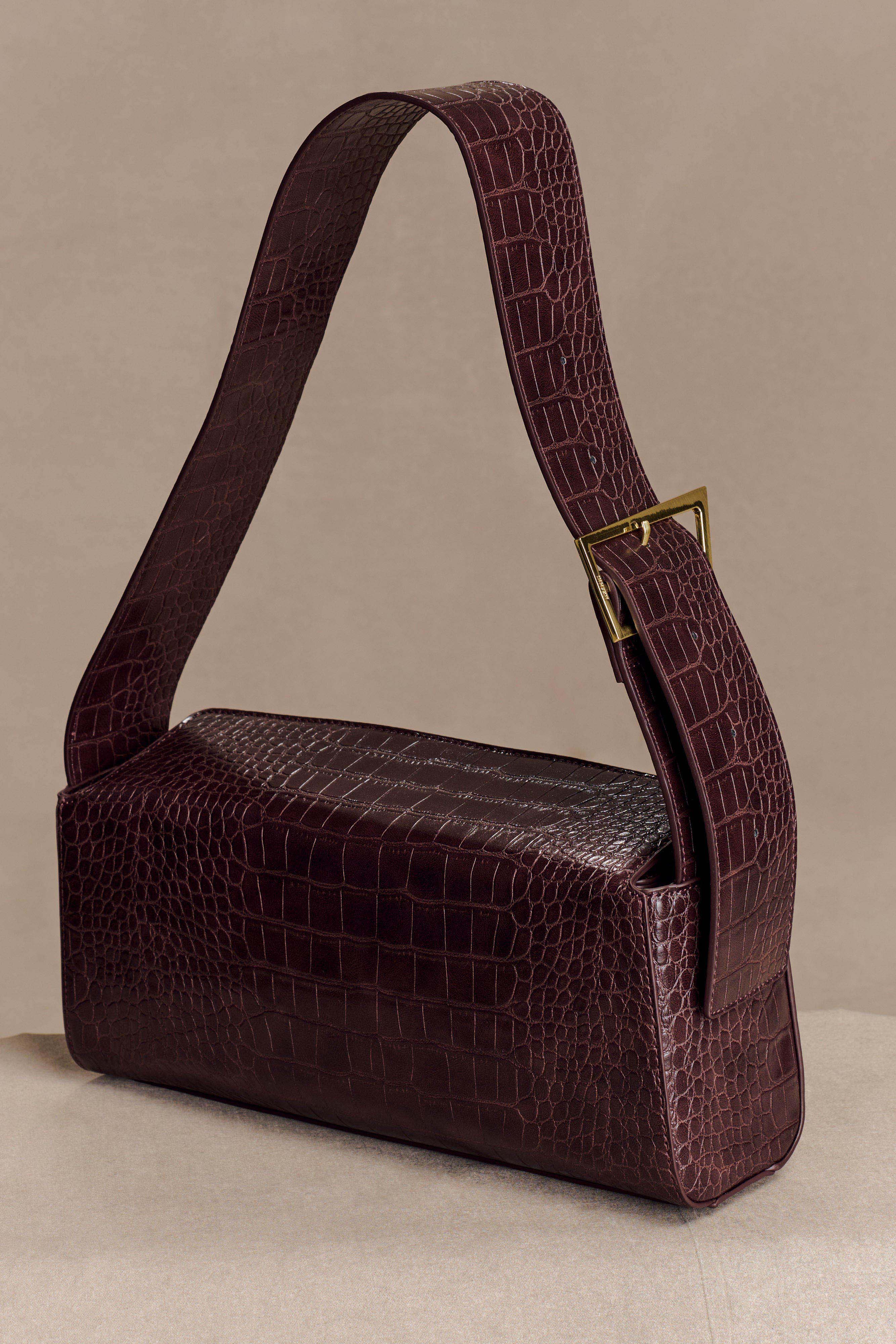 Maria Faux Leather Crocodile Shoulder Bag - Chocolate - Image 2