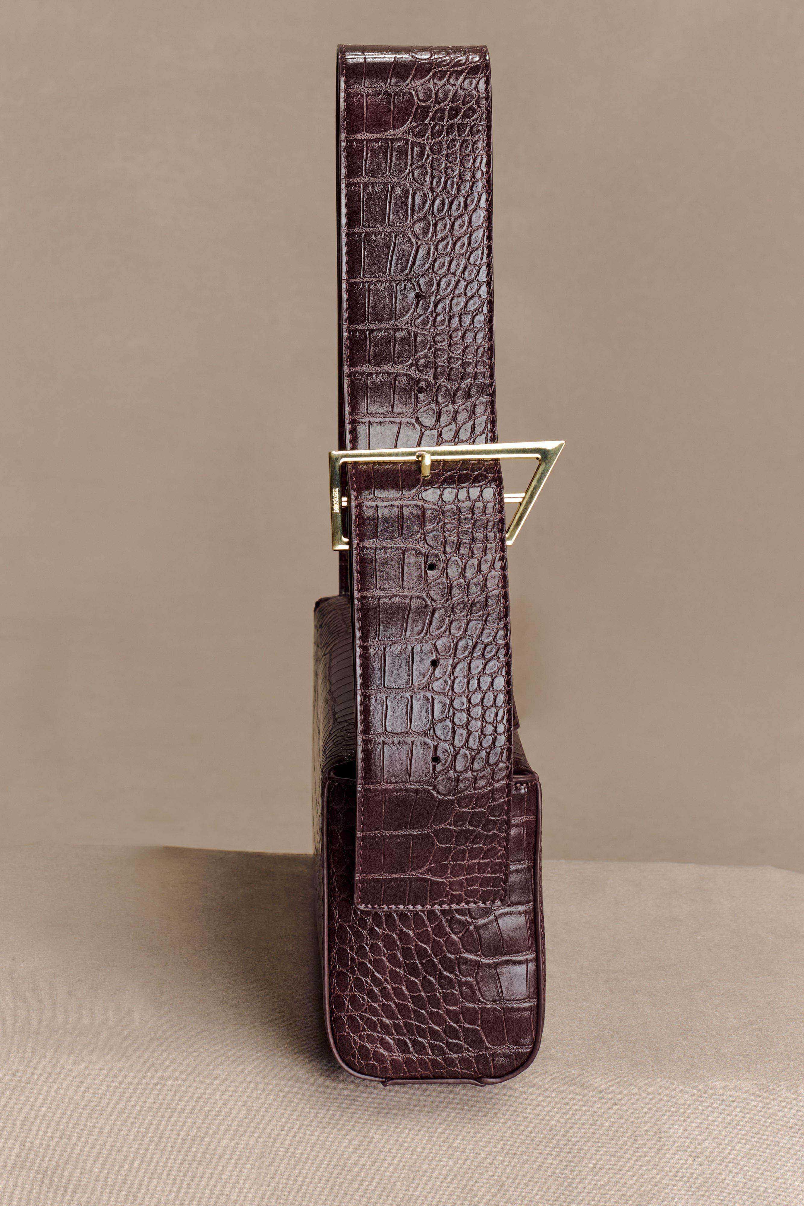 Maria Faux Leather Crocodile Shoulder Bag - Chocolate - Image 3