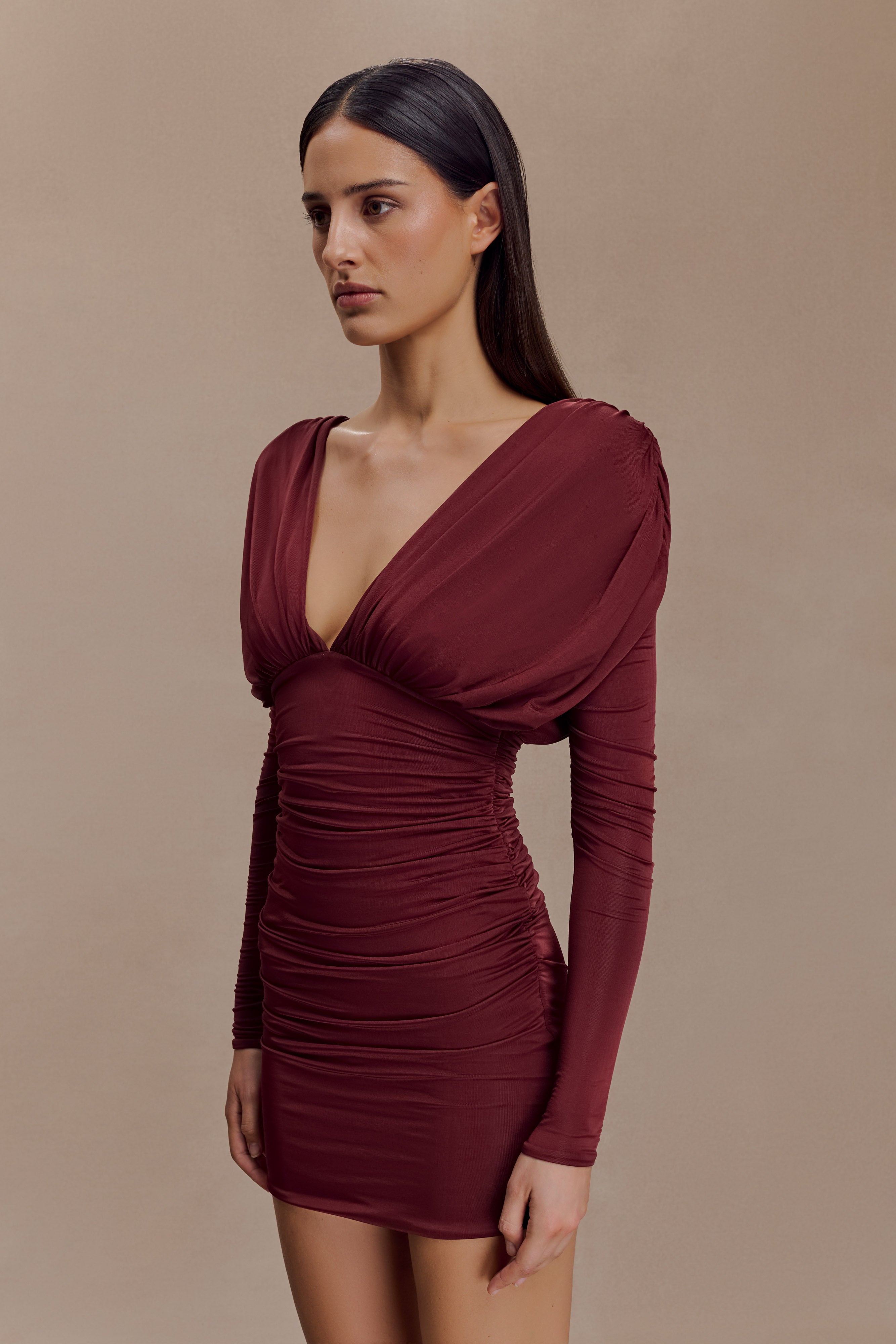 Hayden Long Sleeve Plunge Mini Dress - Burgundy - Image 4