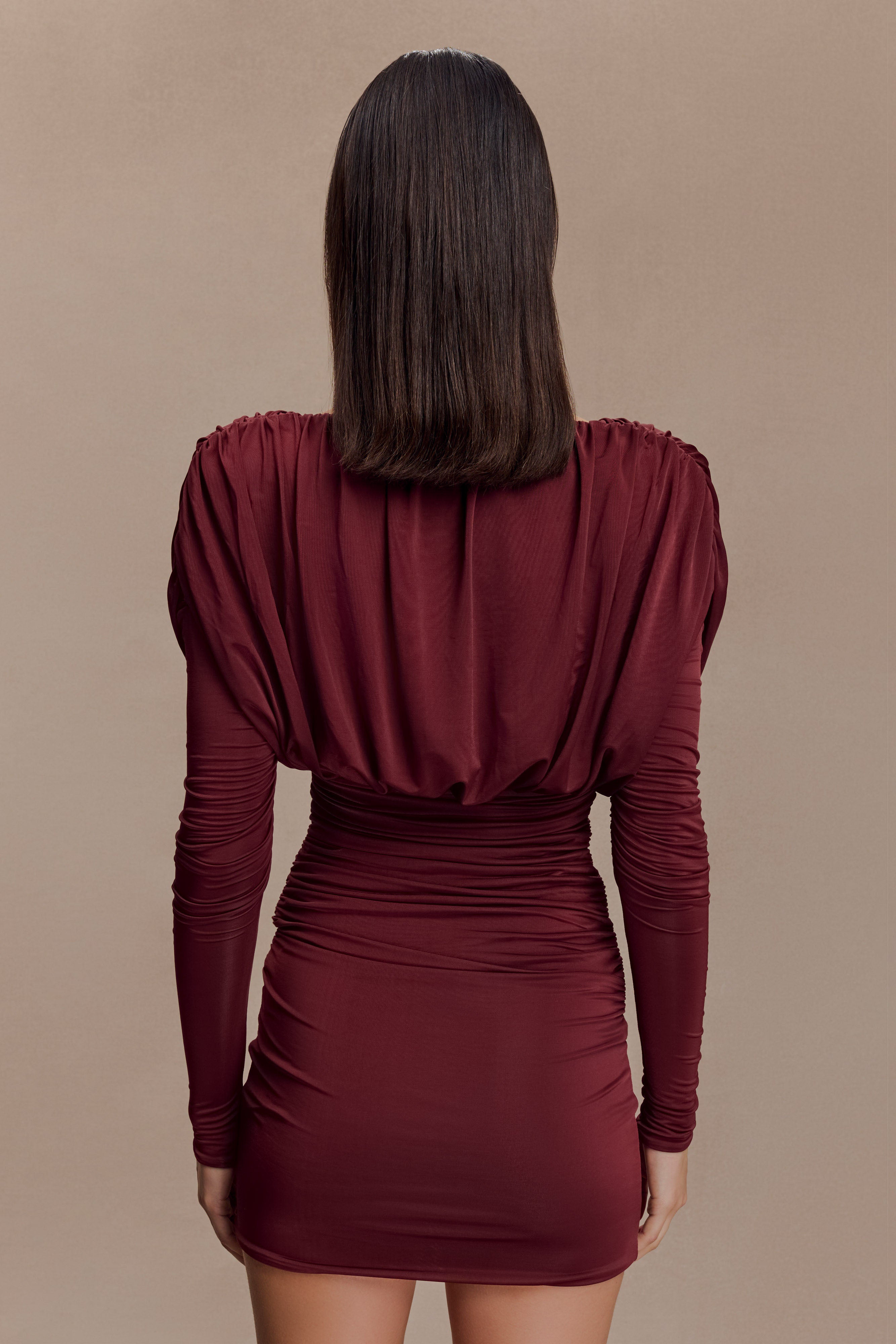 Hayden Long Sleeve Plunge Mini Dress - Burgundy - Image 5