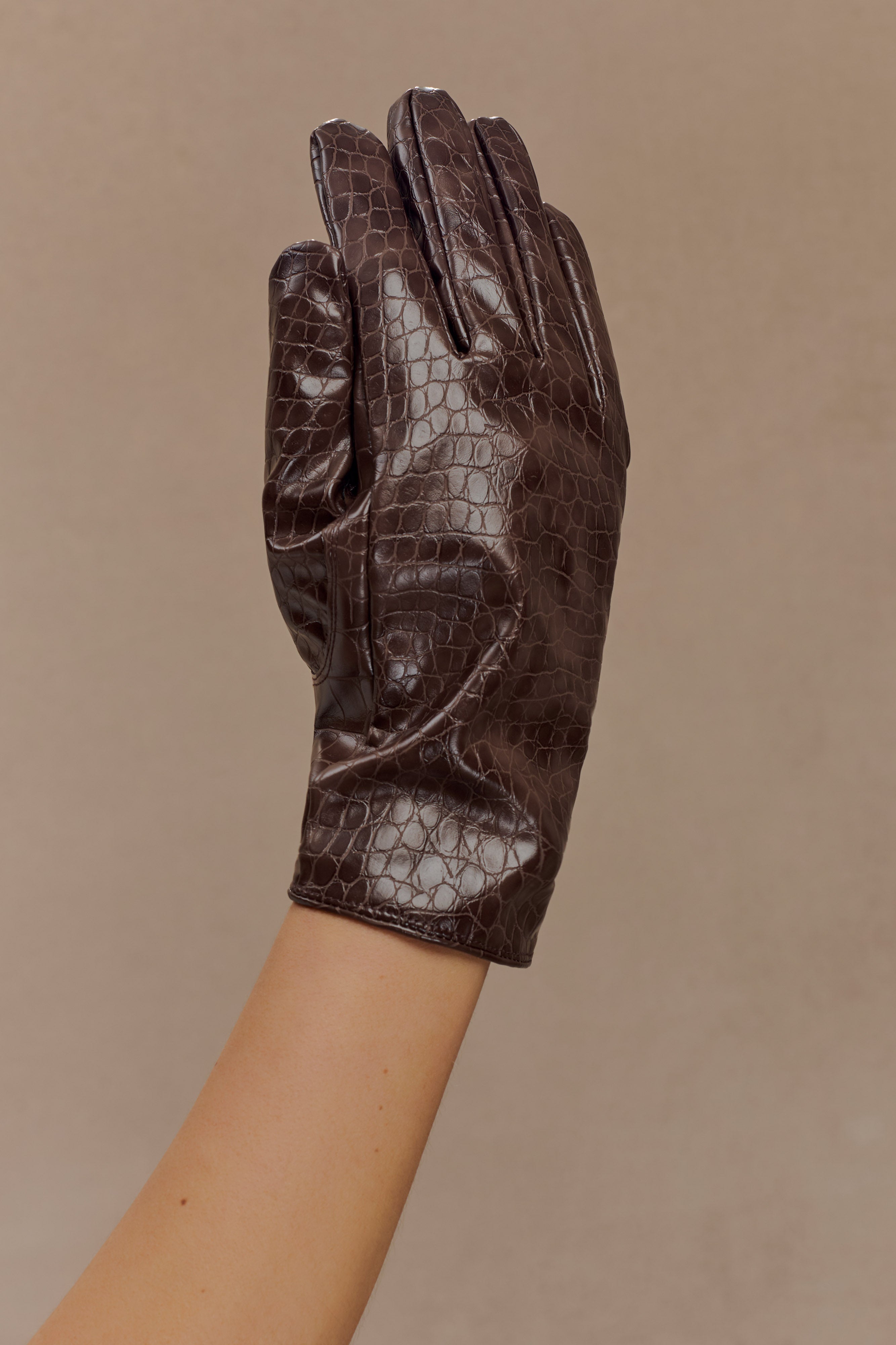 Atlas Faux Leather Crocodile Gloves - Chocolate - Image 4