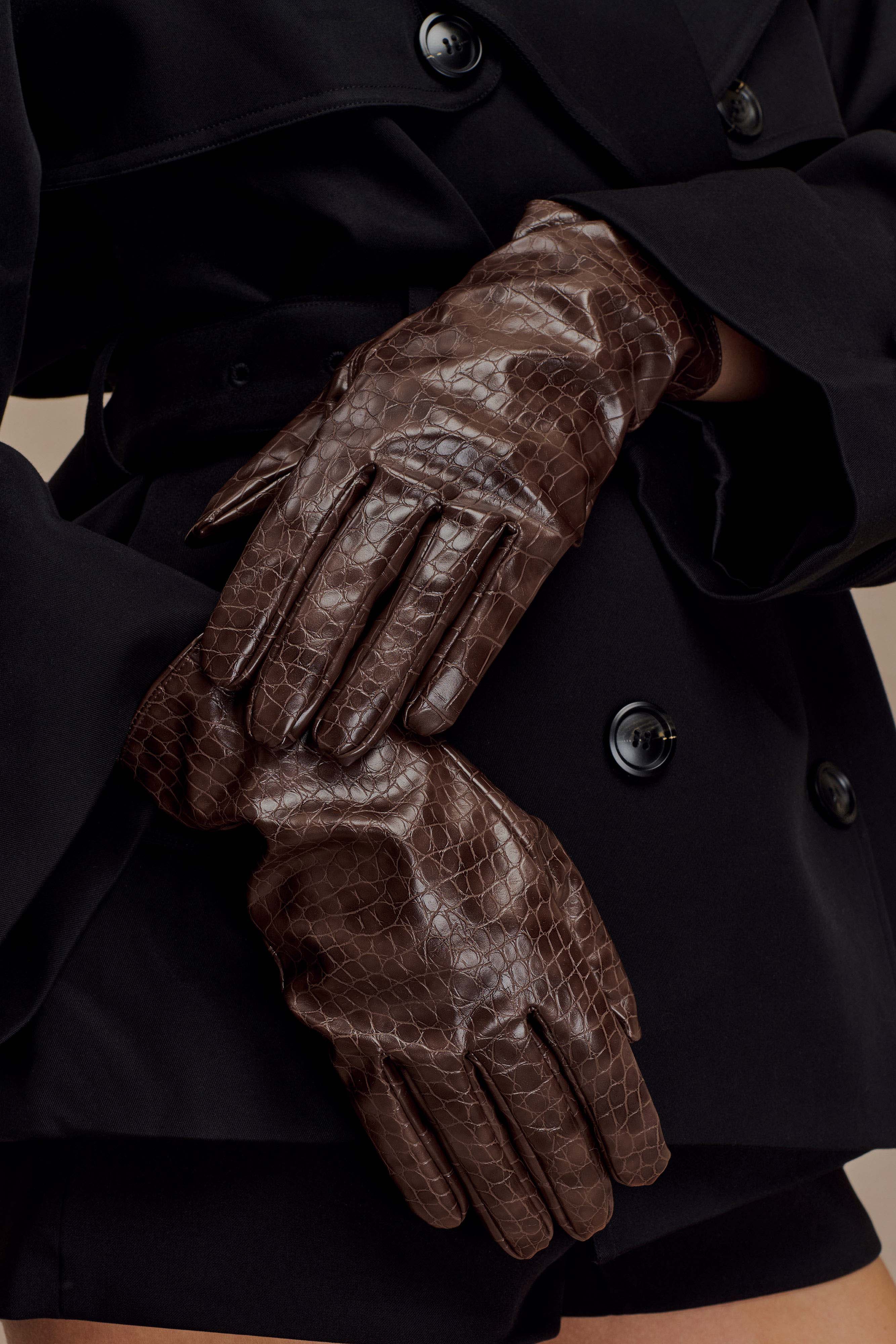 Atlas Faux Leather Crocodile Gloves - Chocolate - Image 2