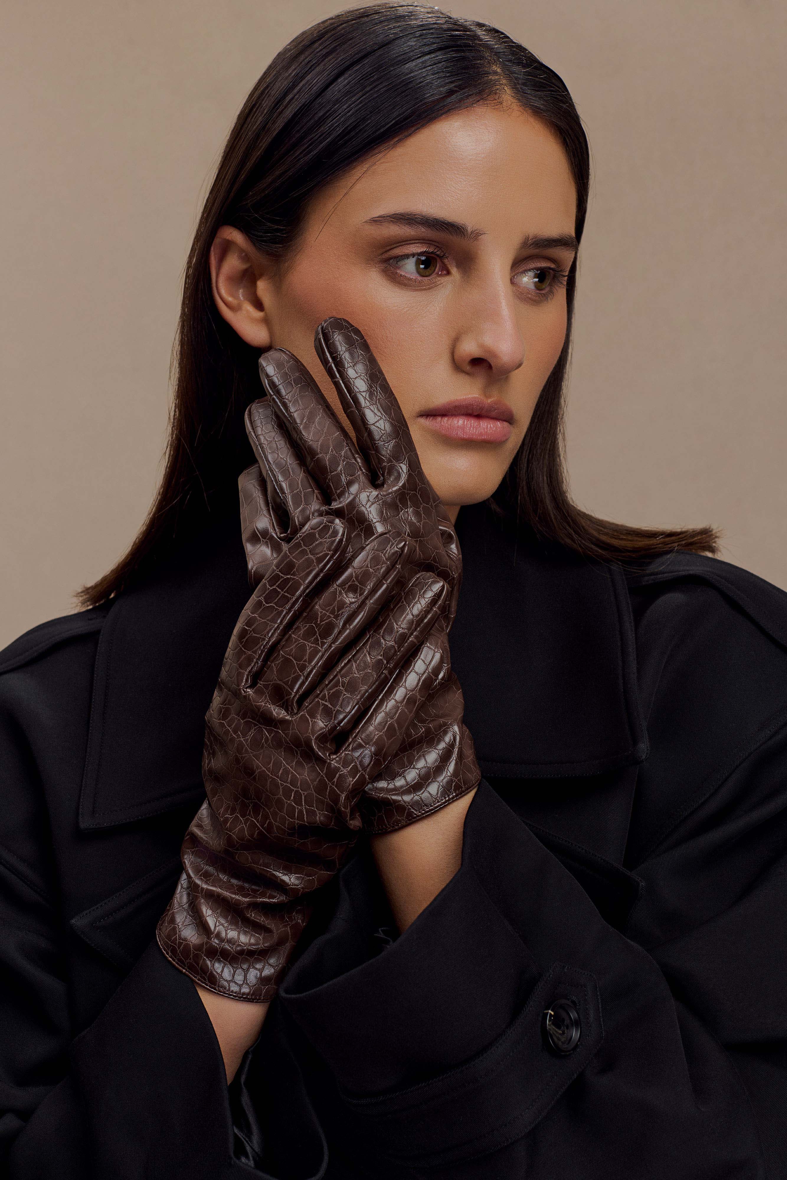 Atlas Faux Leather Crocodile Gloves - Chocolate - Image 5