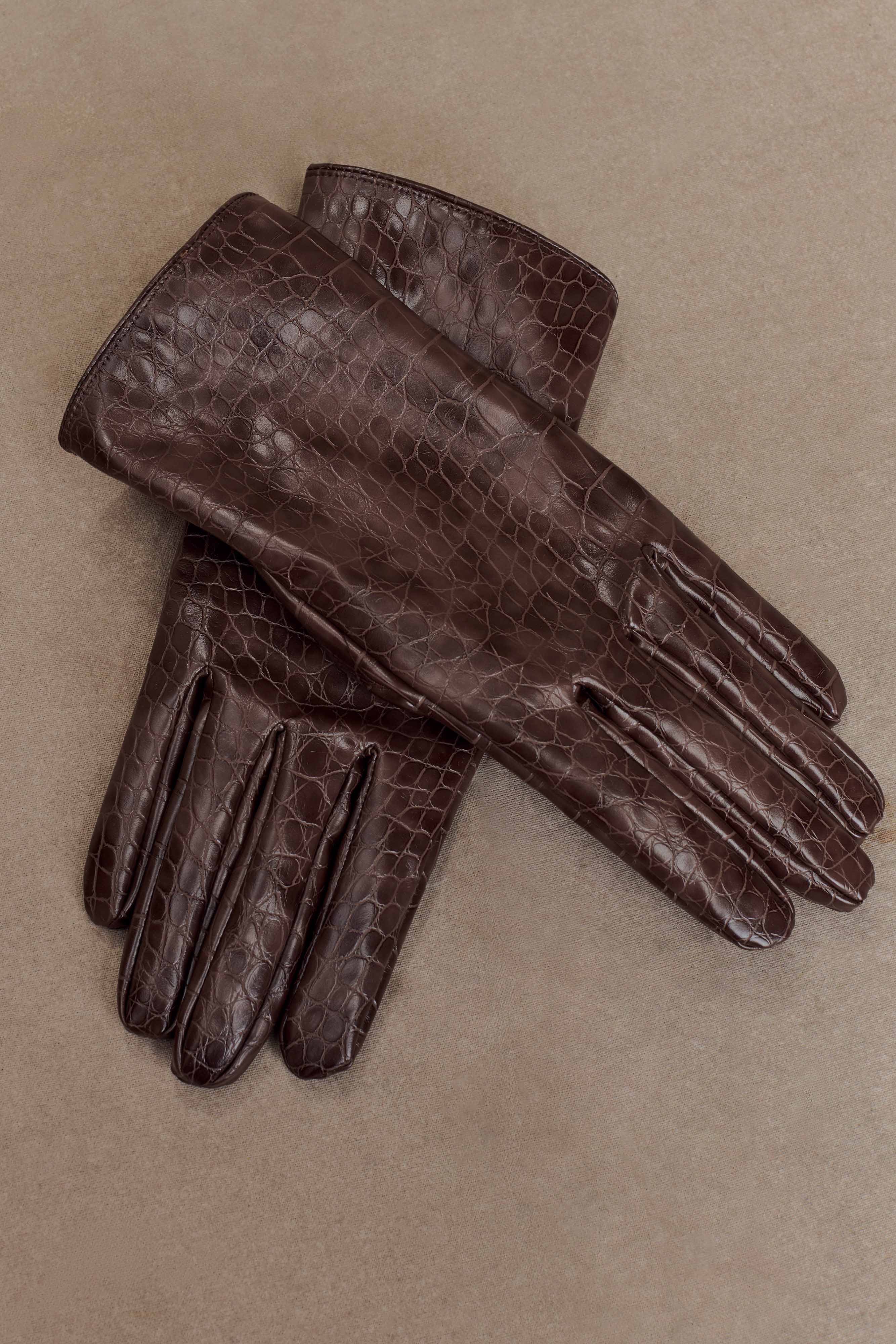 Atlas Faux Leather Crocodile Gloves - Chocolate - Image 3