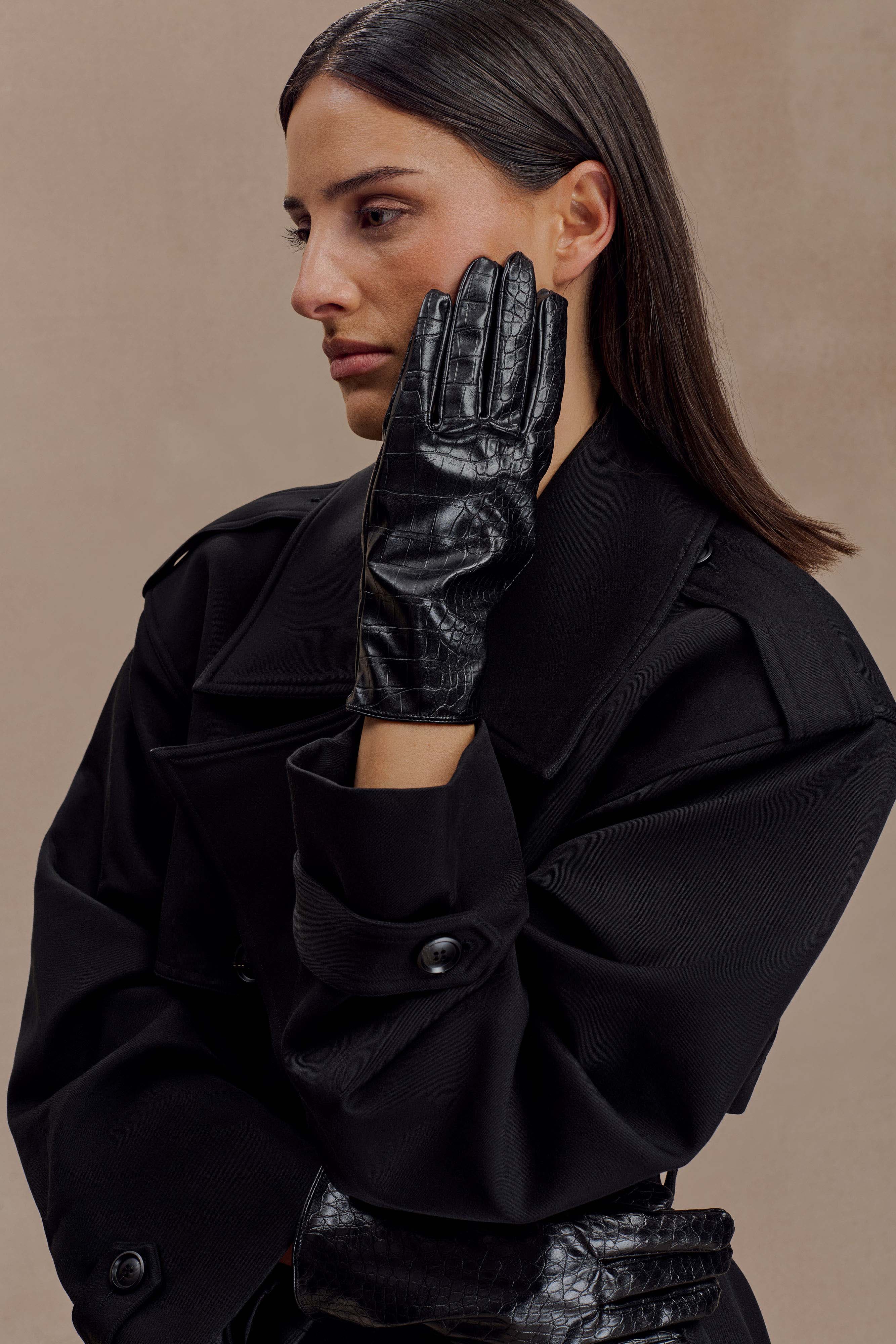 Atlas Faux Leather Crocodile Gloves - Black - Image 6