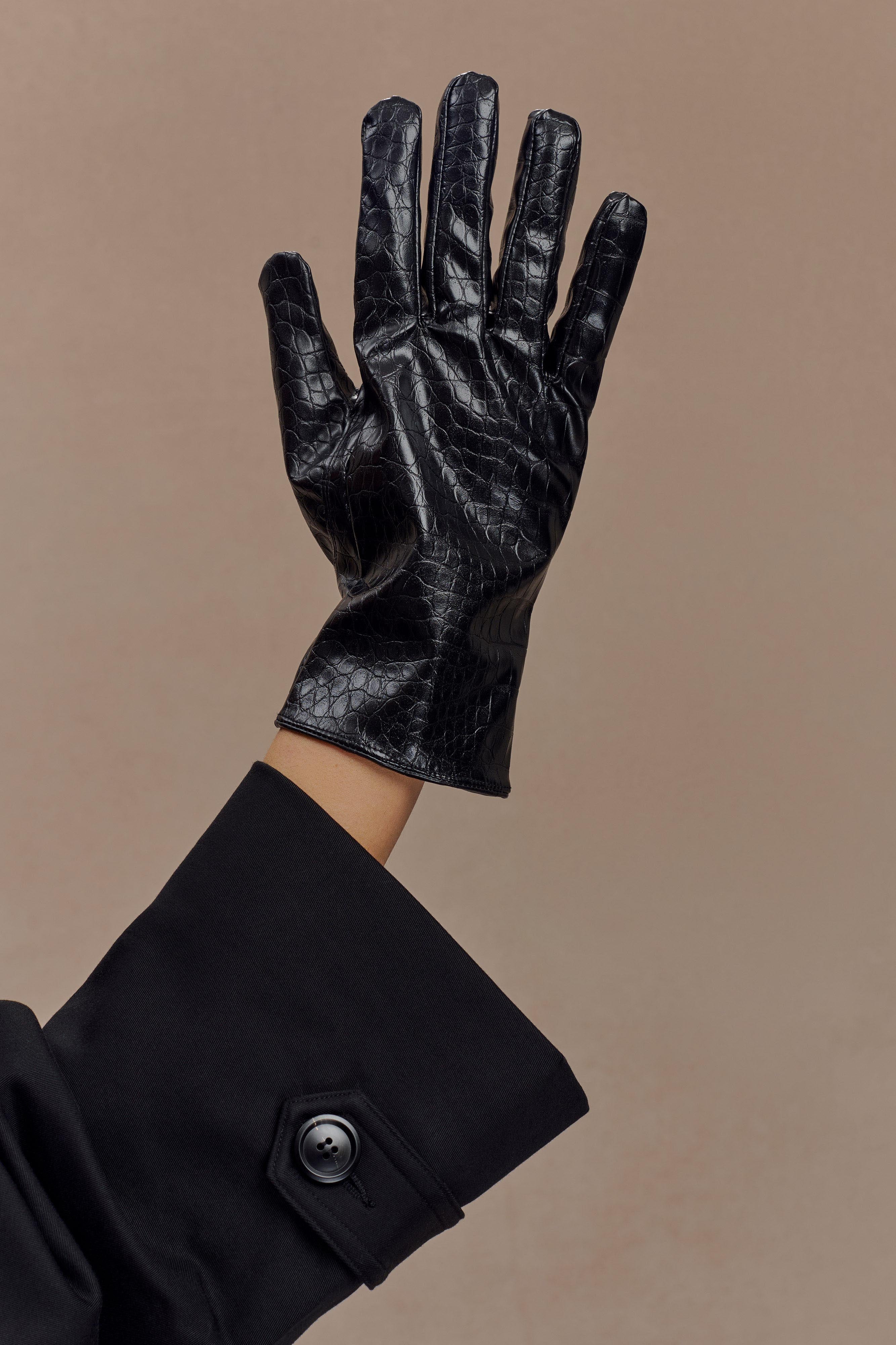 Atlas Faux Leather Crocodile Gloves - Black - Image 4