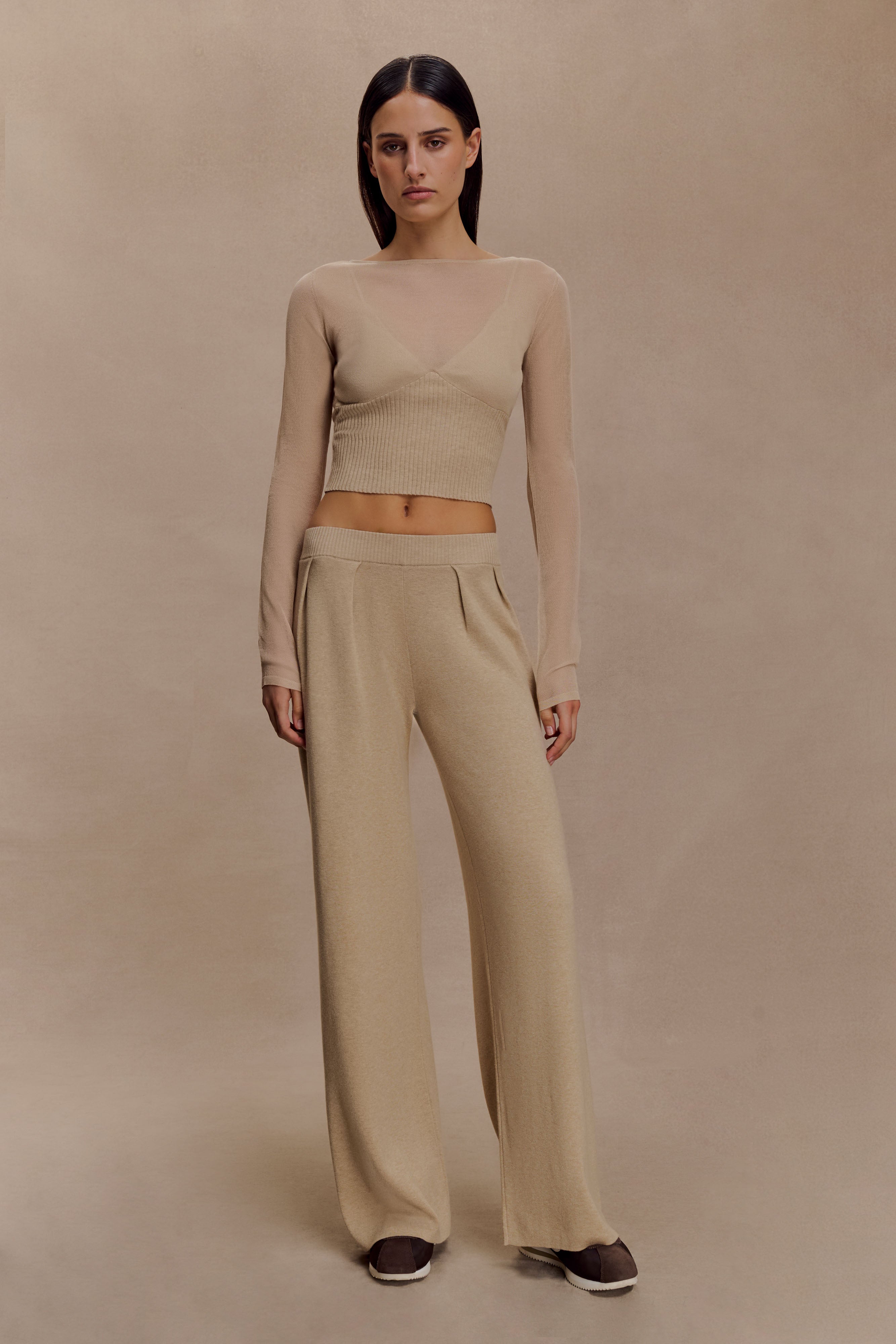 Frannie Gathered Silk Blend Knit Pants - Sand - Image 3