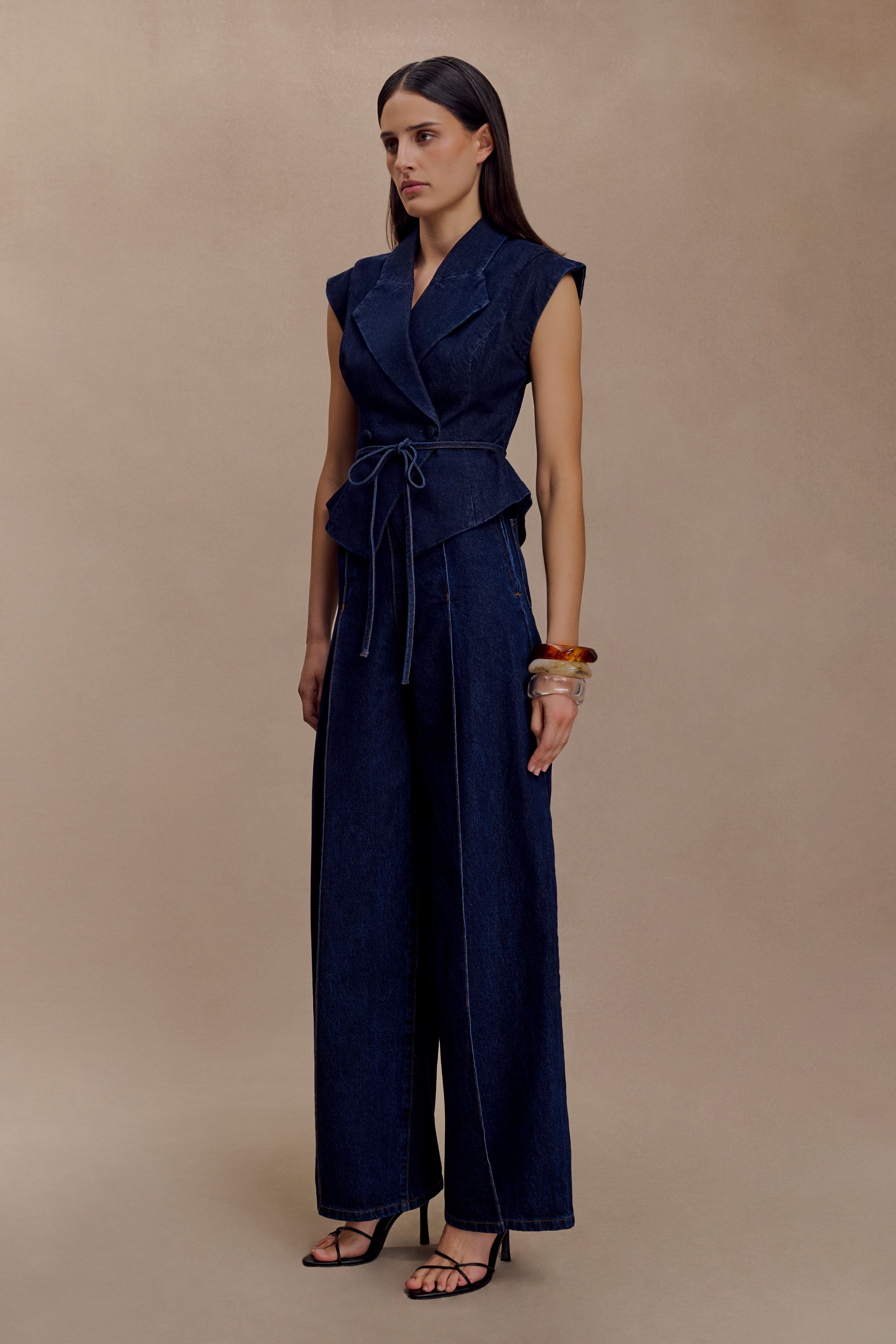 Charley Structured Tie Denim Top - Indigo Blue - Image 5