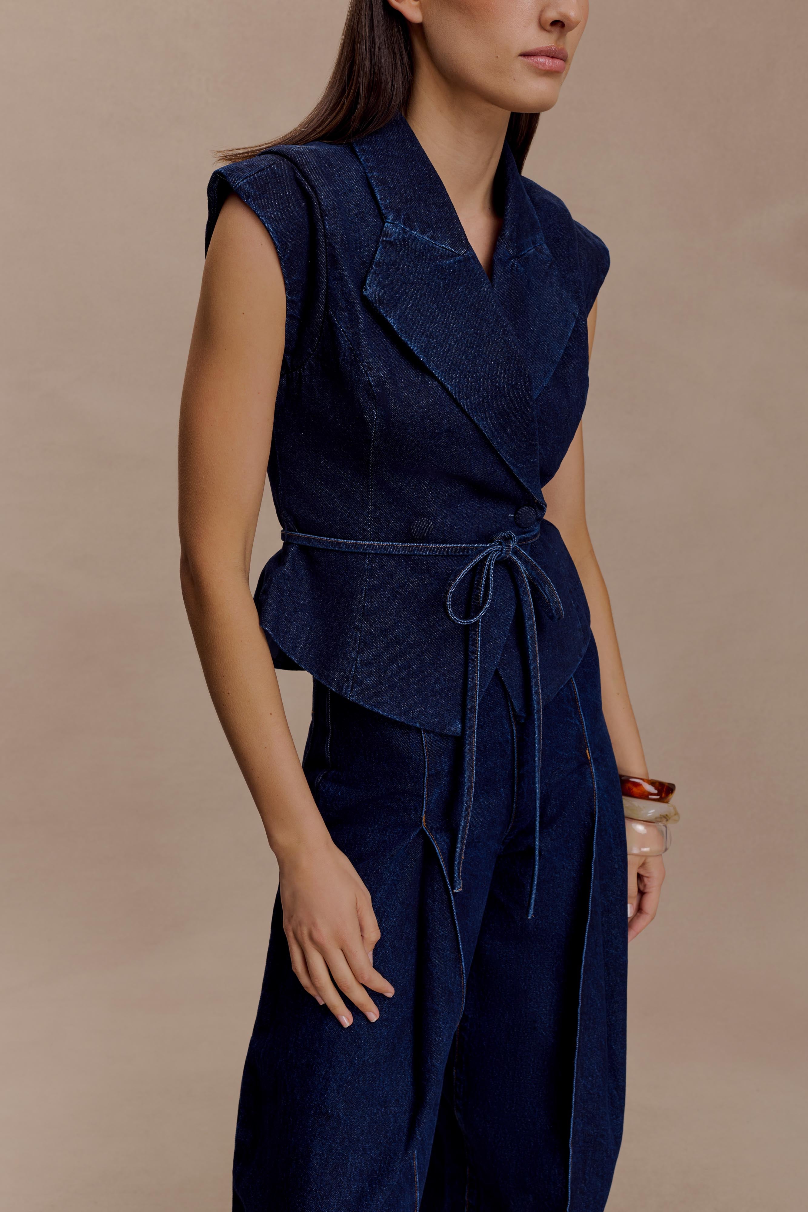 Charley Structured Tie Denim Top - Indigo Blue - Image 4
