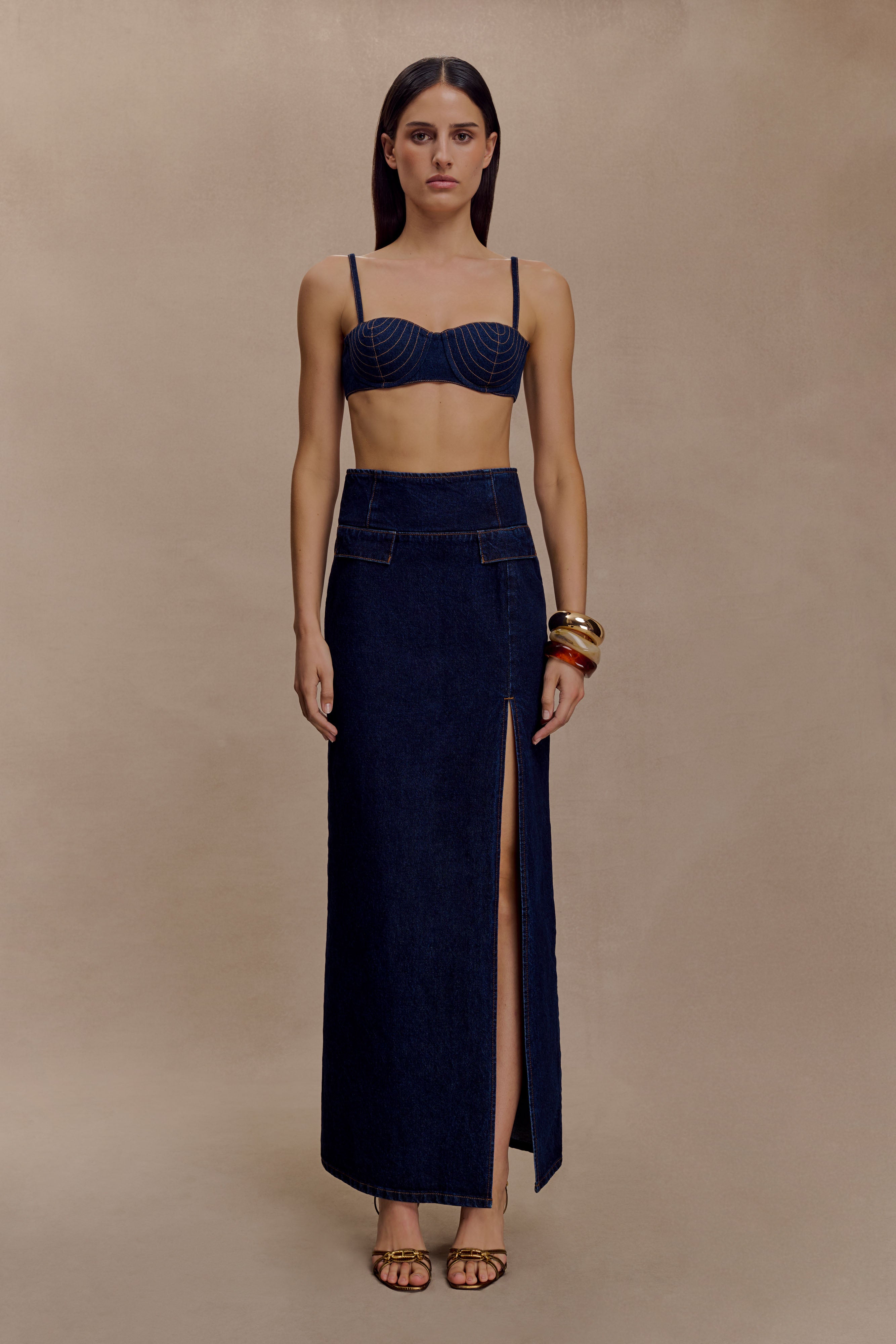 Maylena High Rise Denim Maxi Skirt - Indigo Blue - Image 3
