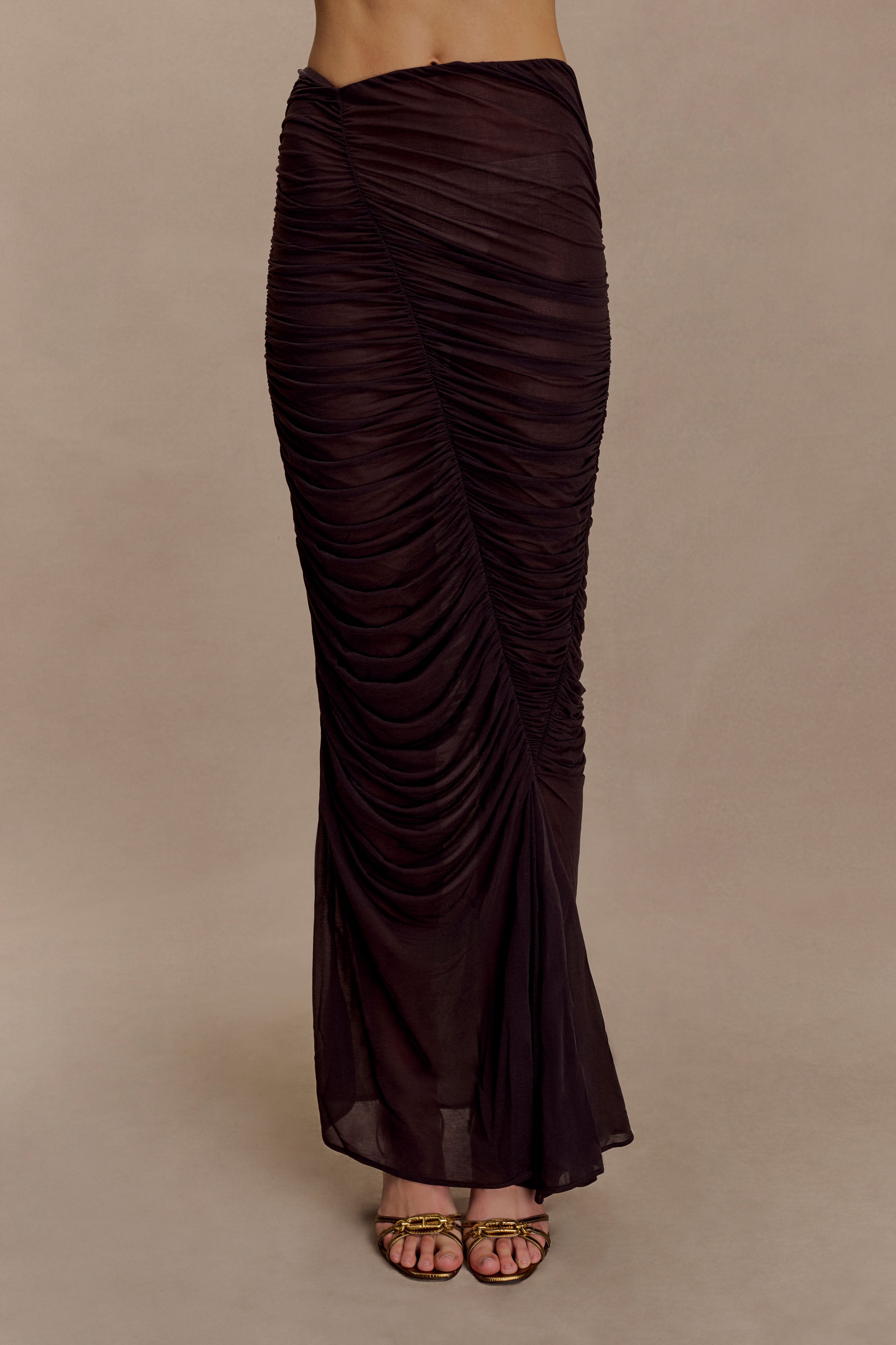 Matilda Ruched Mesh Maxi Skirt - Chocolate - Image 6