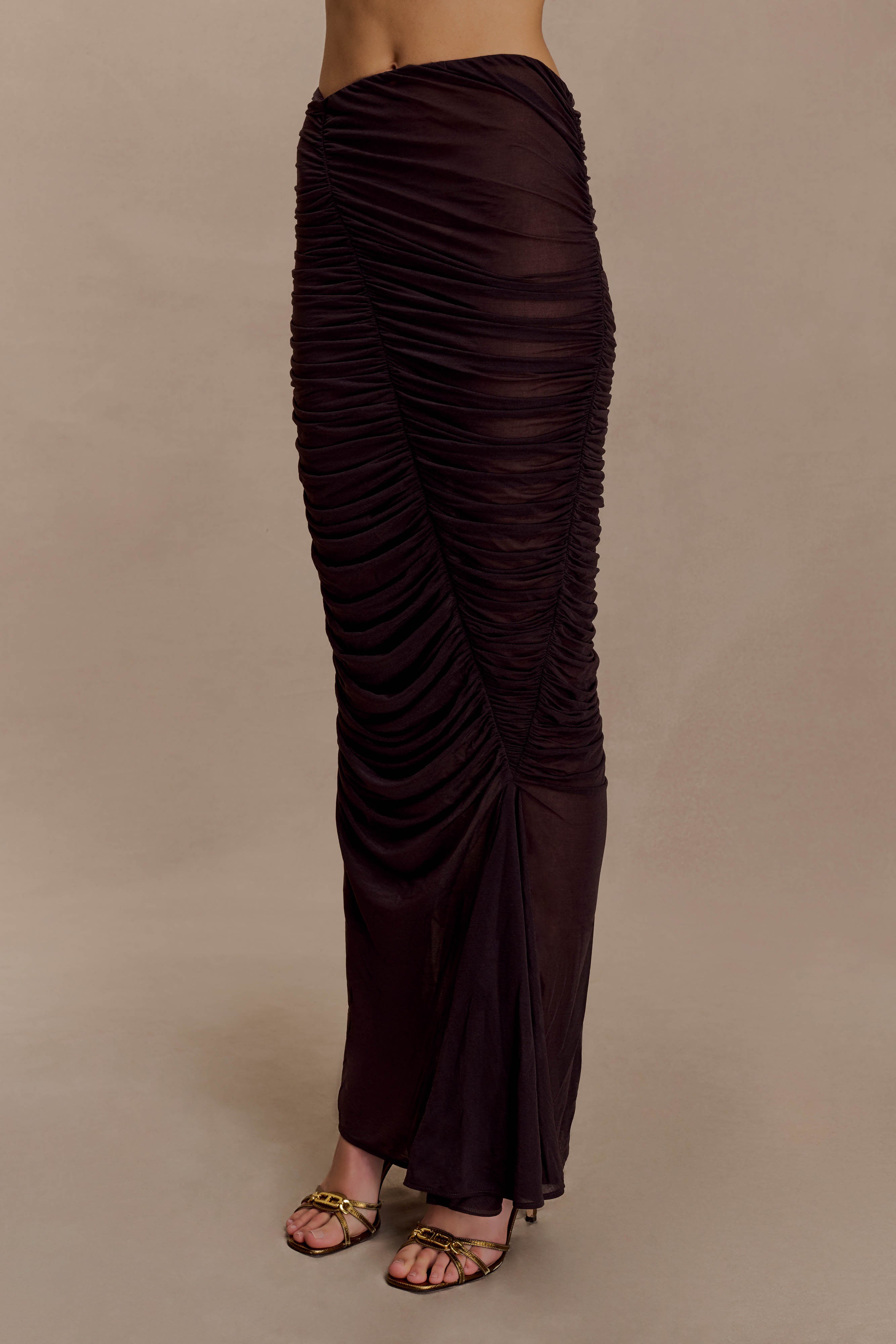 Matilda Ruched Mesh Maxi Skirt - Chocolate - Image 5