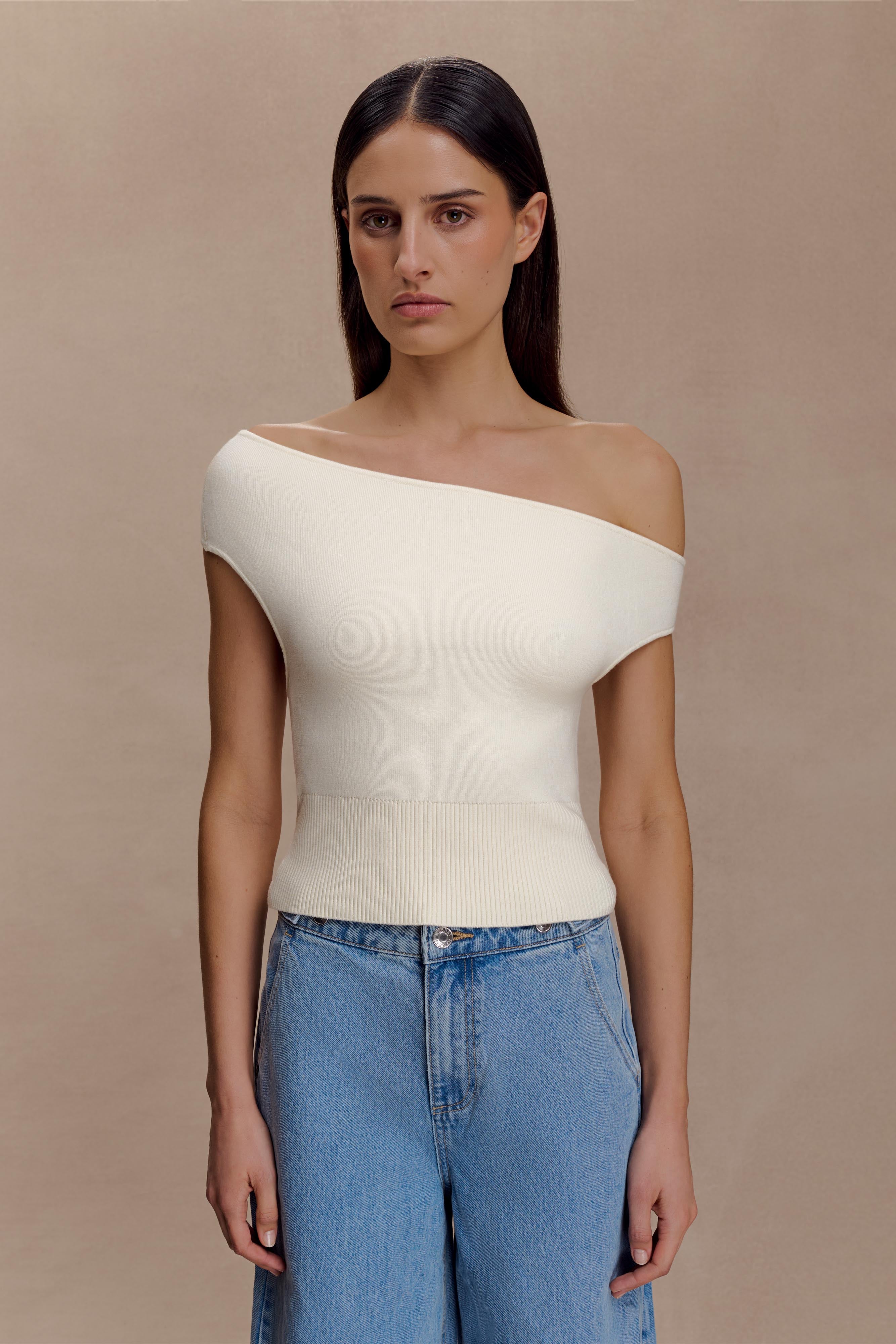 Carley Off Shoulder Knit Top - Ivory - Image 8