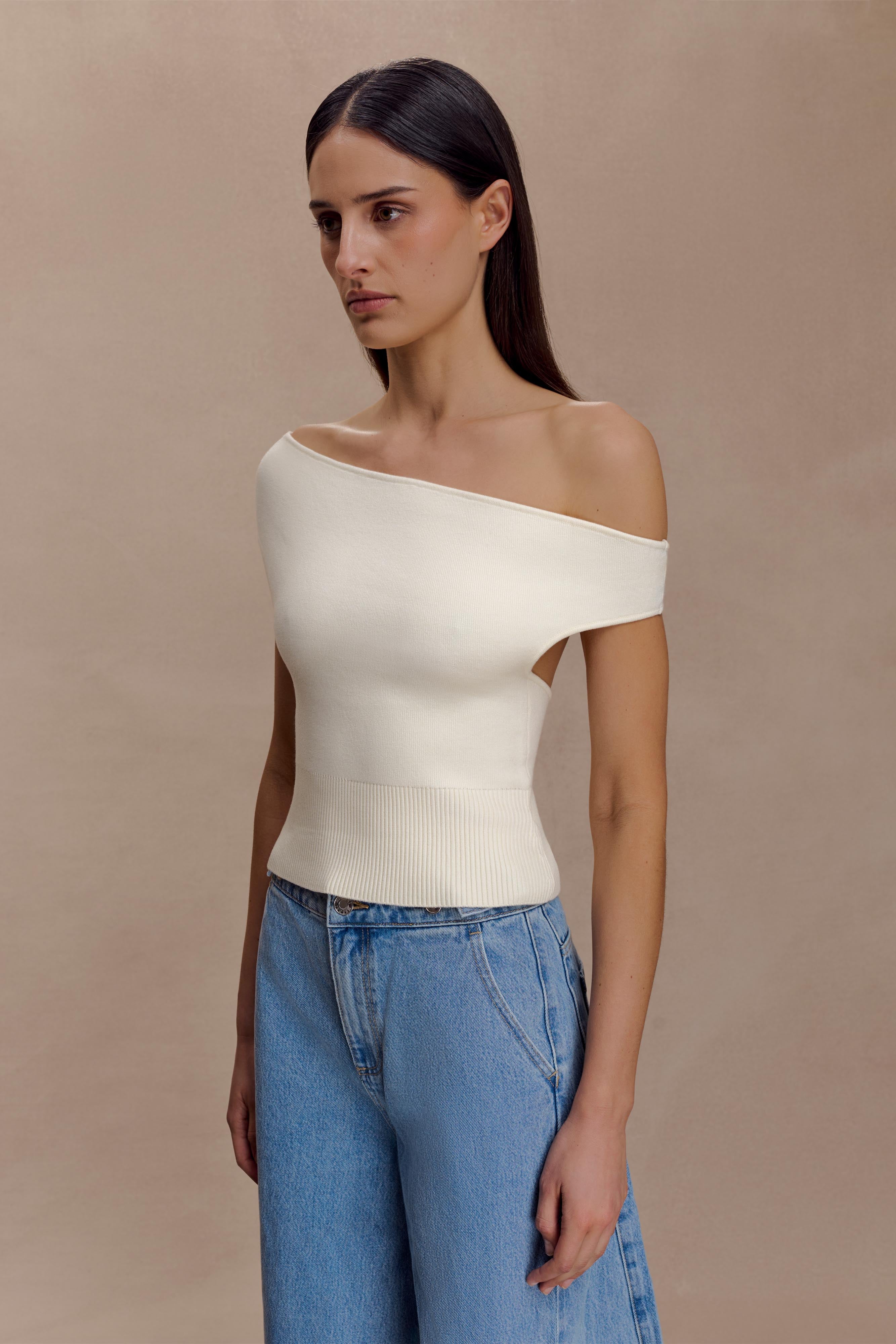 Carley Off Shoulder Knit Top - Ivory - Image 3