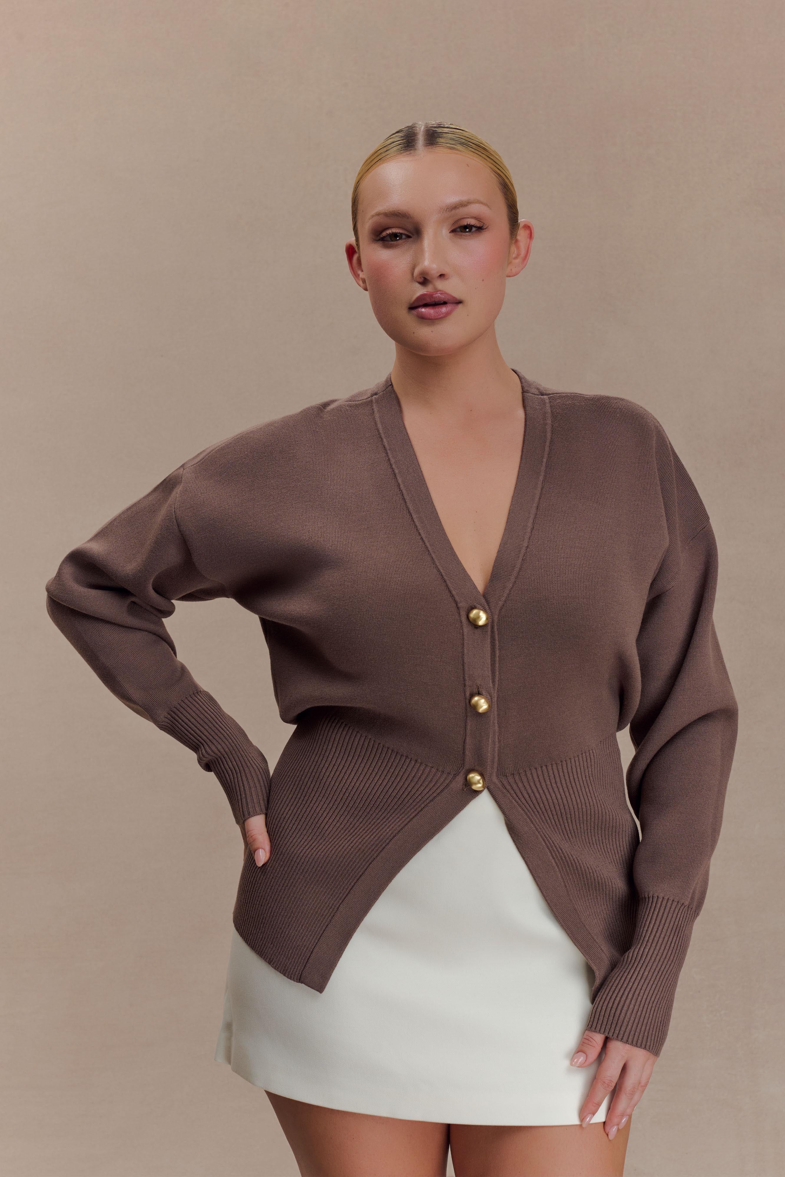 Amanda Statement Button Knit Cardigan - Cacao Brown - Image 4