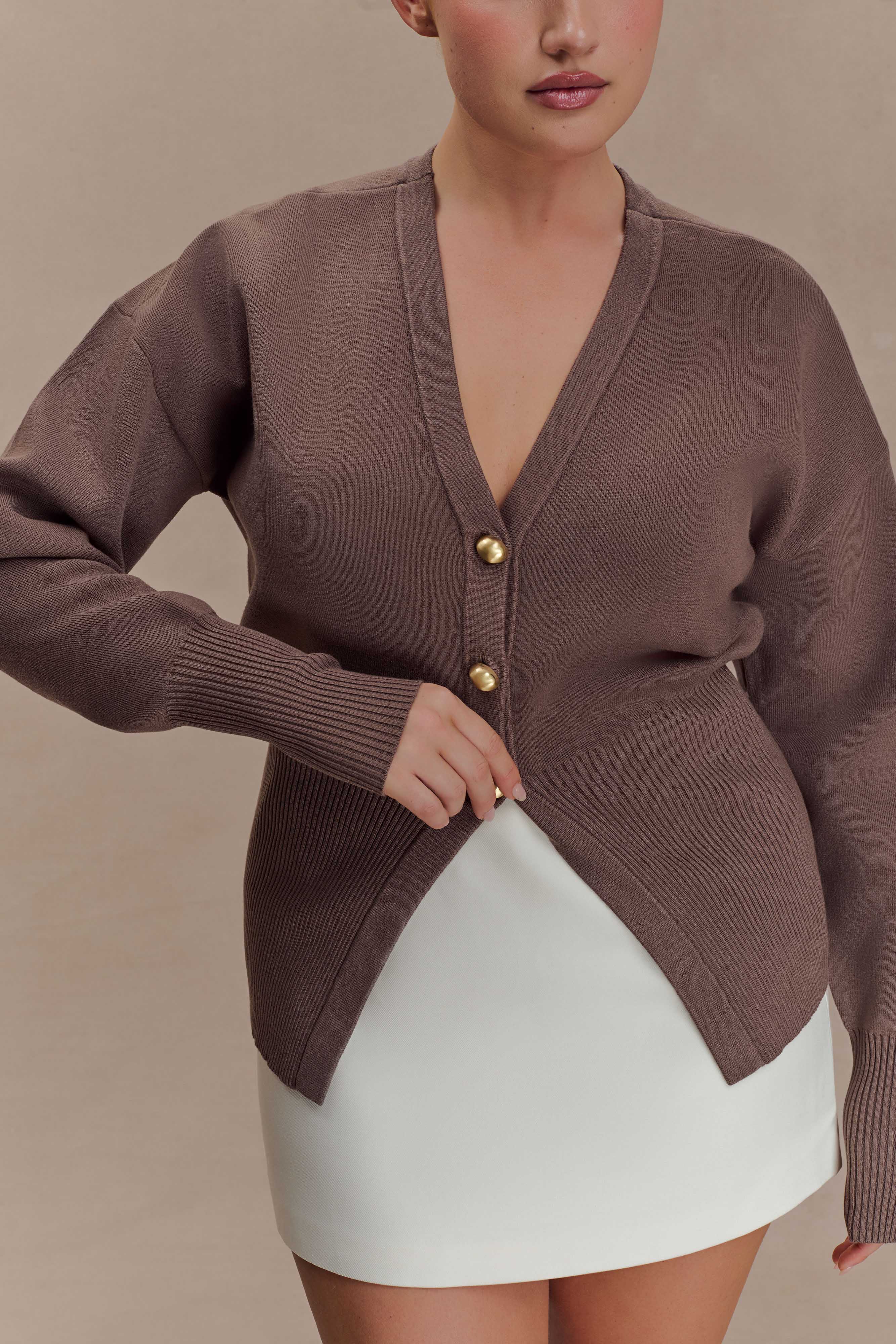 Amanda Statement Button Knit Cardigan - Cacao Brown - Image 9