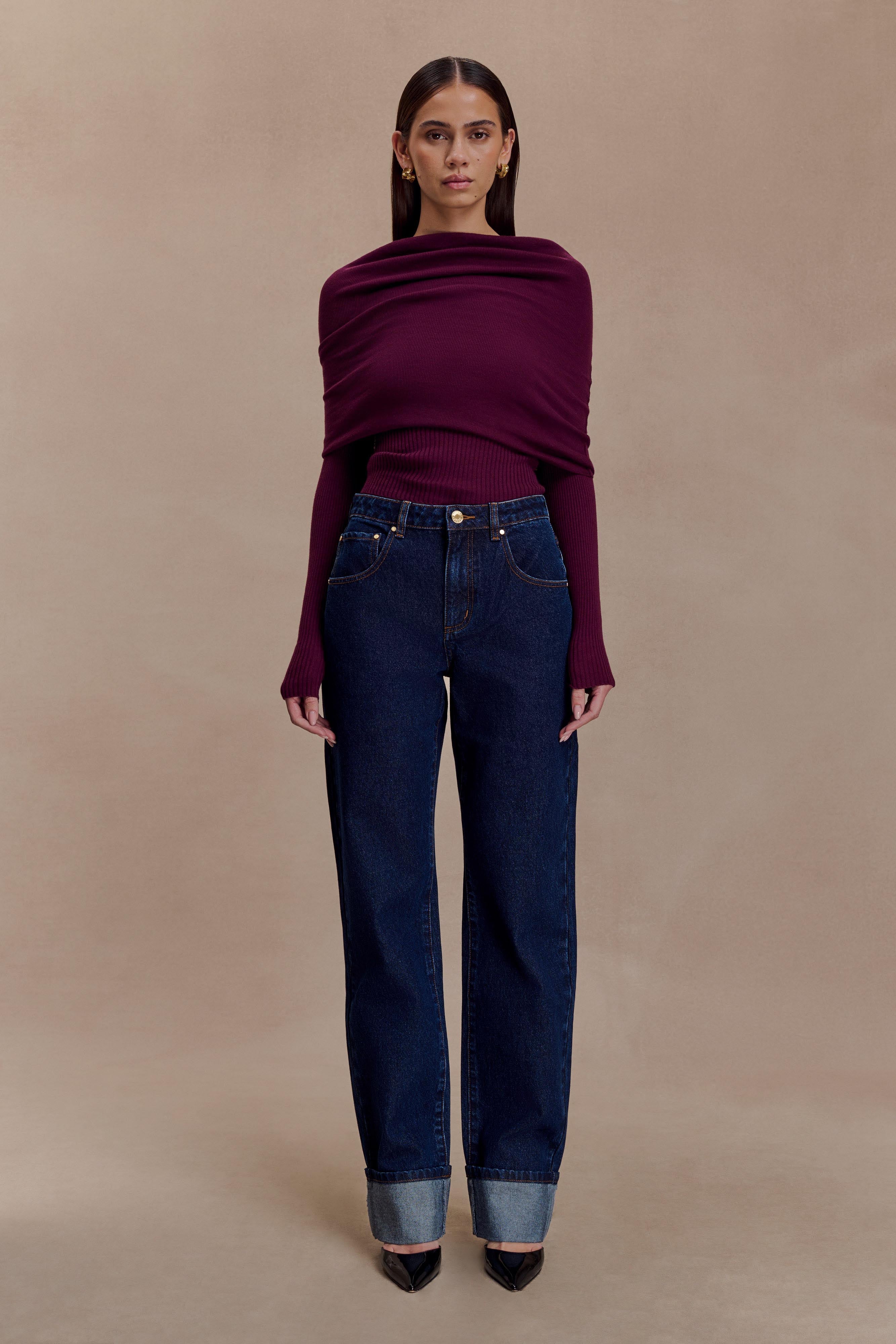 Mazie Asymetrical Cashmere Blend Long Sleeve Knit Top - Plum - Image 5