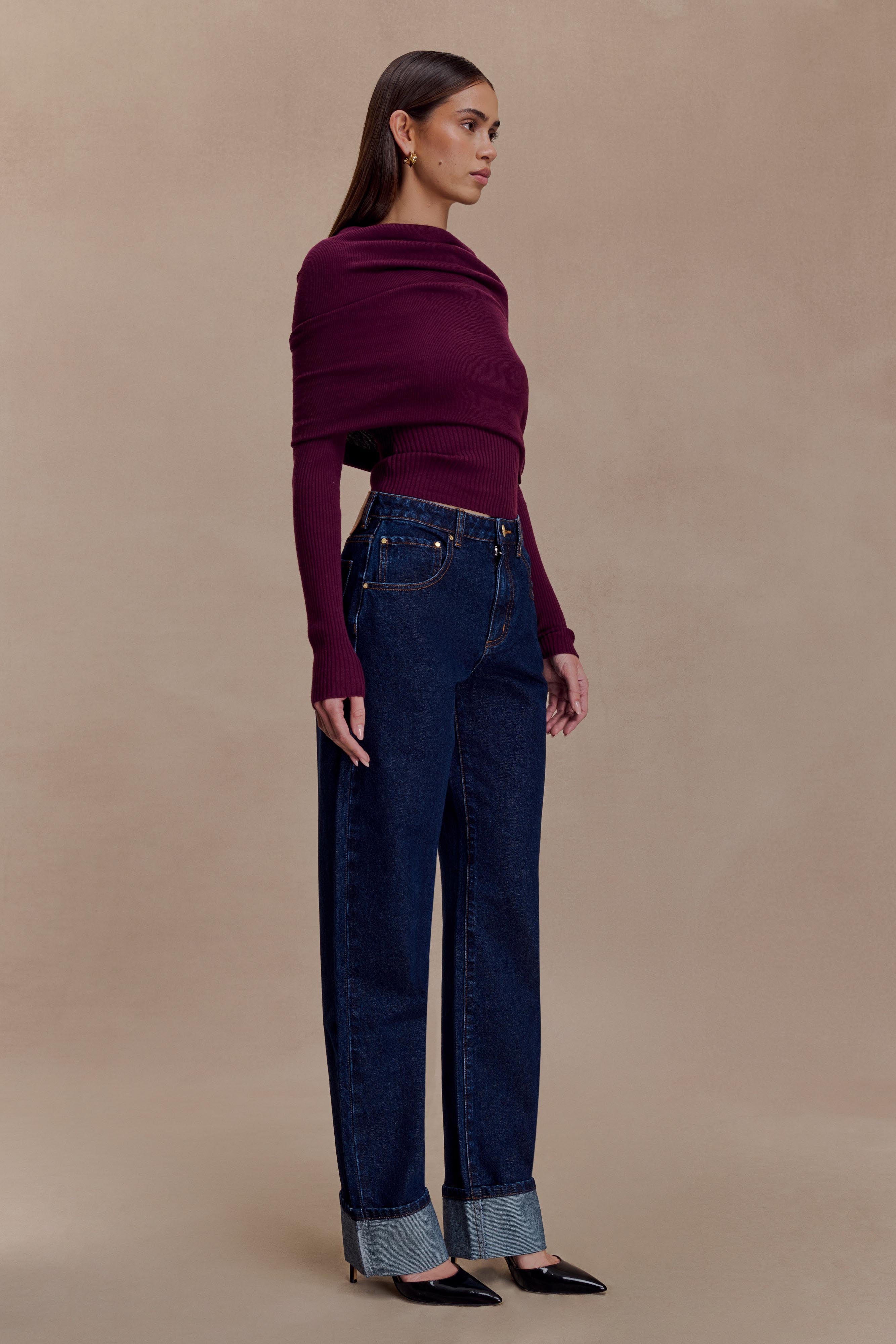 Mazie Asymetrical Cashmere Blend Long Sleeve Knit Top - Plum - Image 4