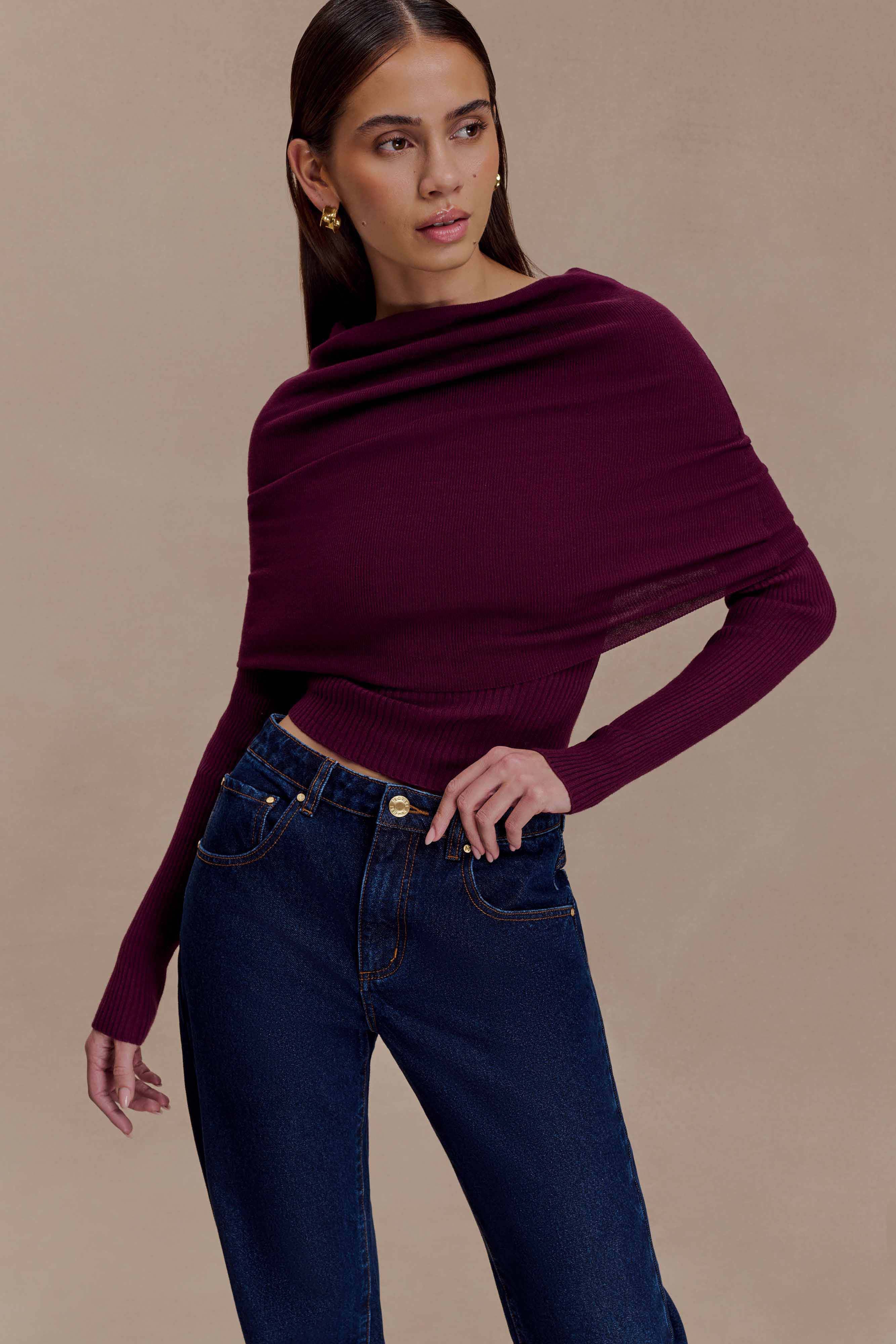 Mazie Asymetrical Cashmere Blend Long Sleeve Knit Top - Plum - Image 3