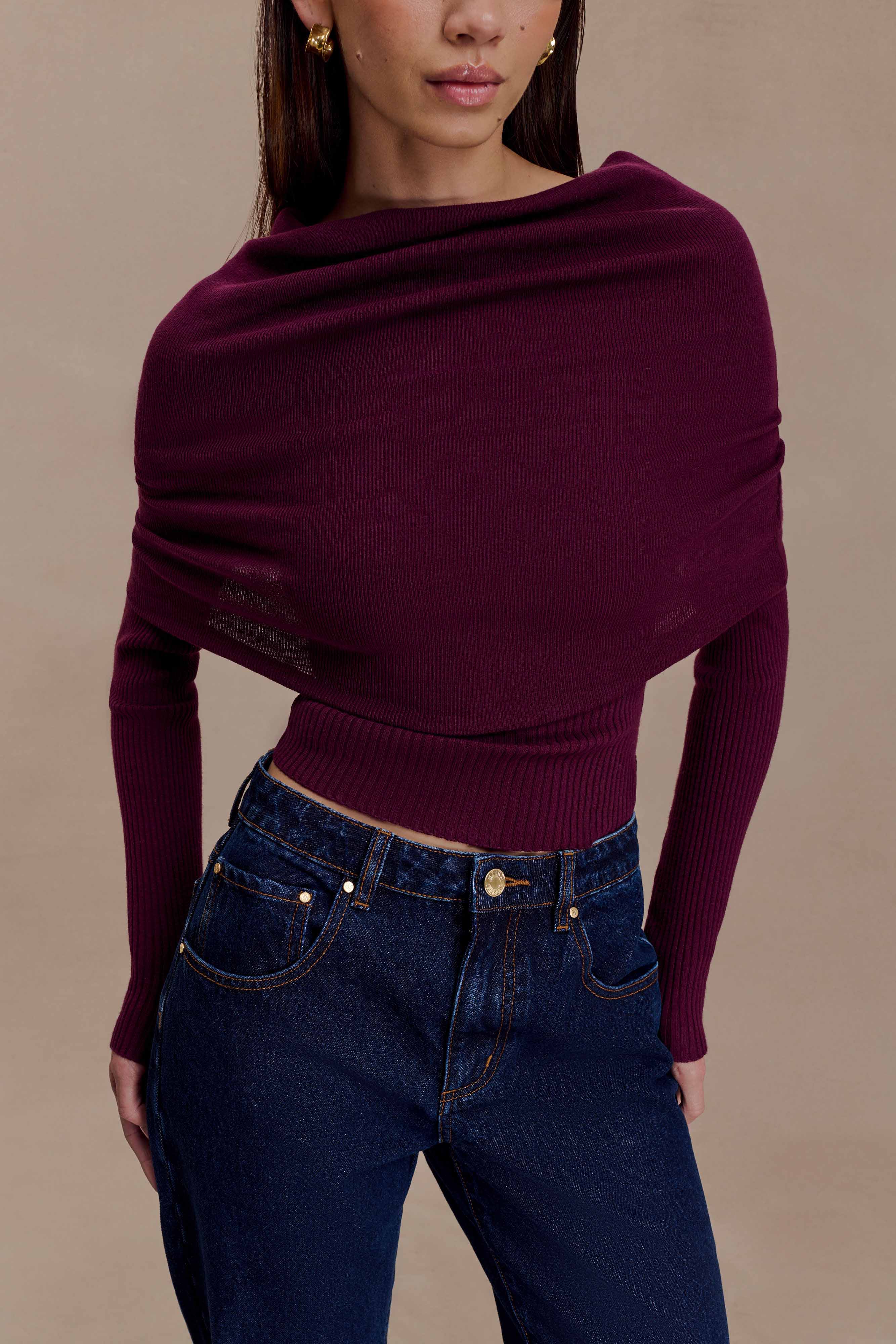 Mazie Asymetrical Cashmere Blend Long Sleeve Knit Top - Plum - Image 7