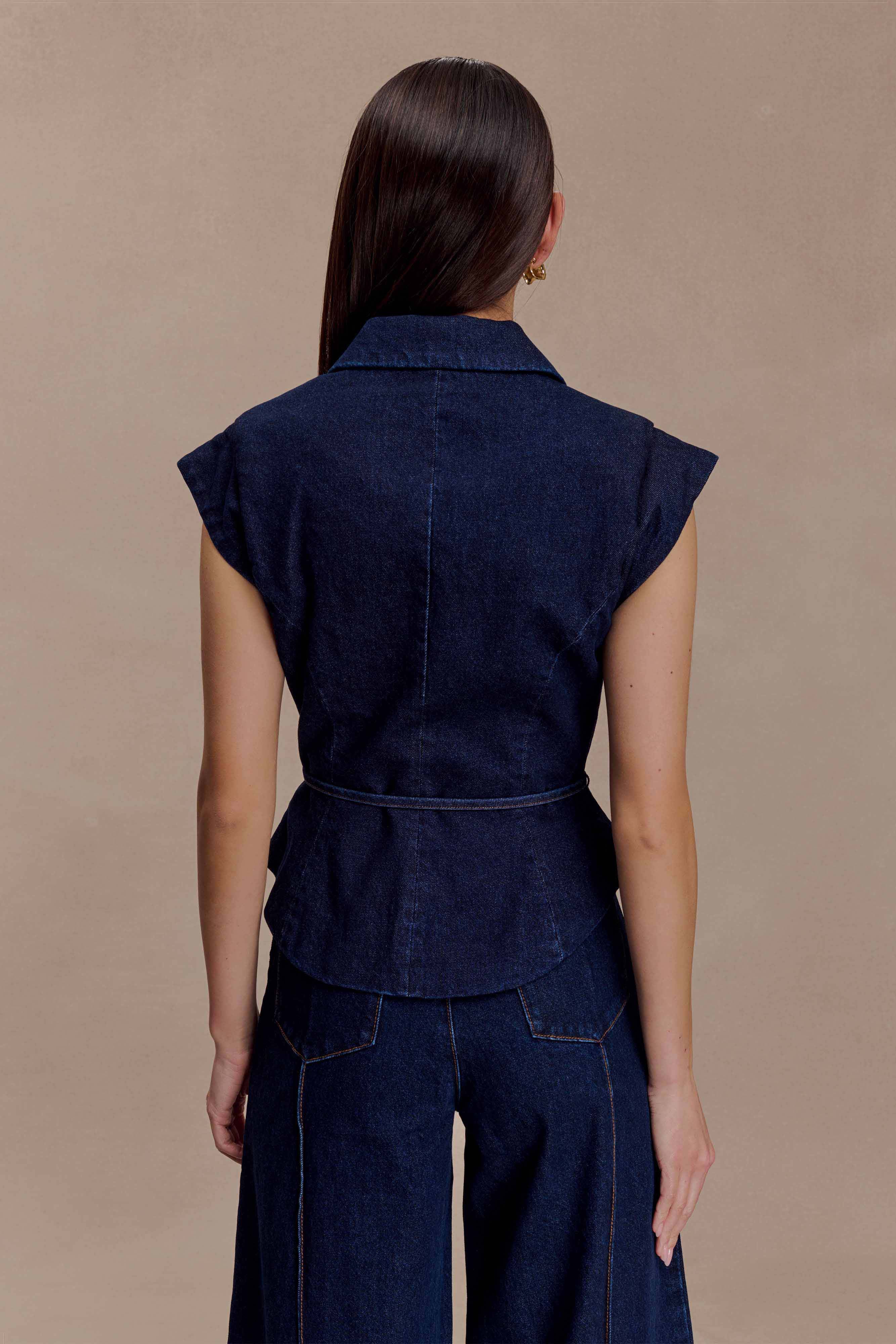 Charley Structured Tie Denim Top - Indigo Blue - Image 2