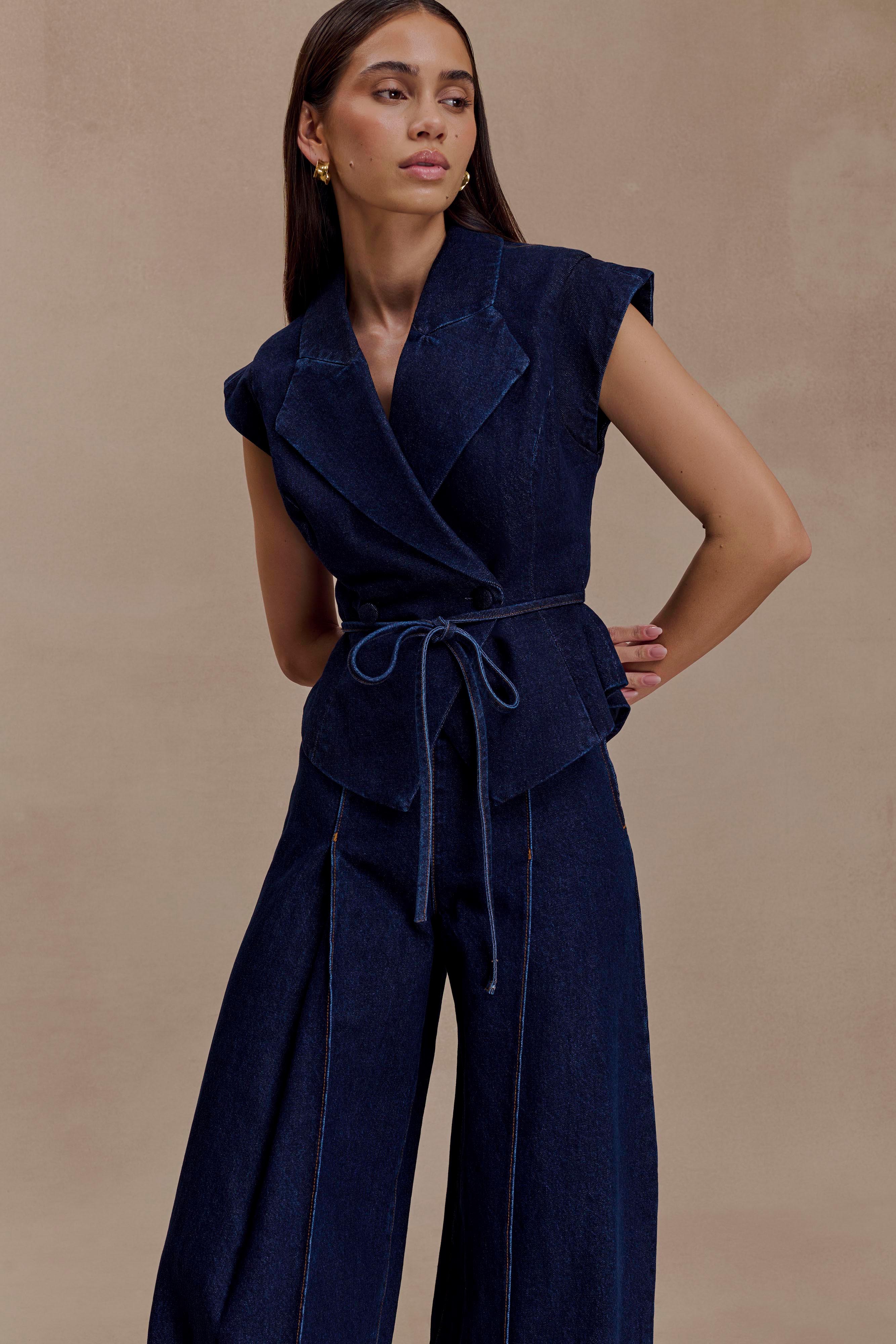 Charley Structured Tie Denim Top - Indigo Blue - Image 3