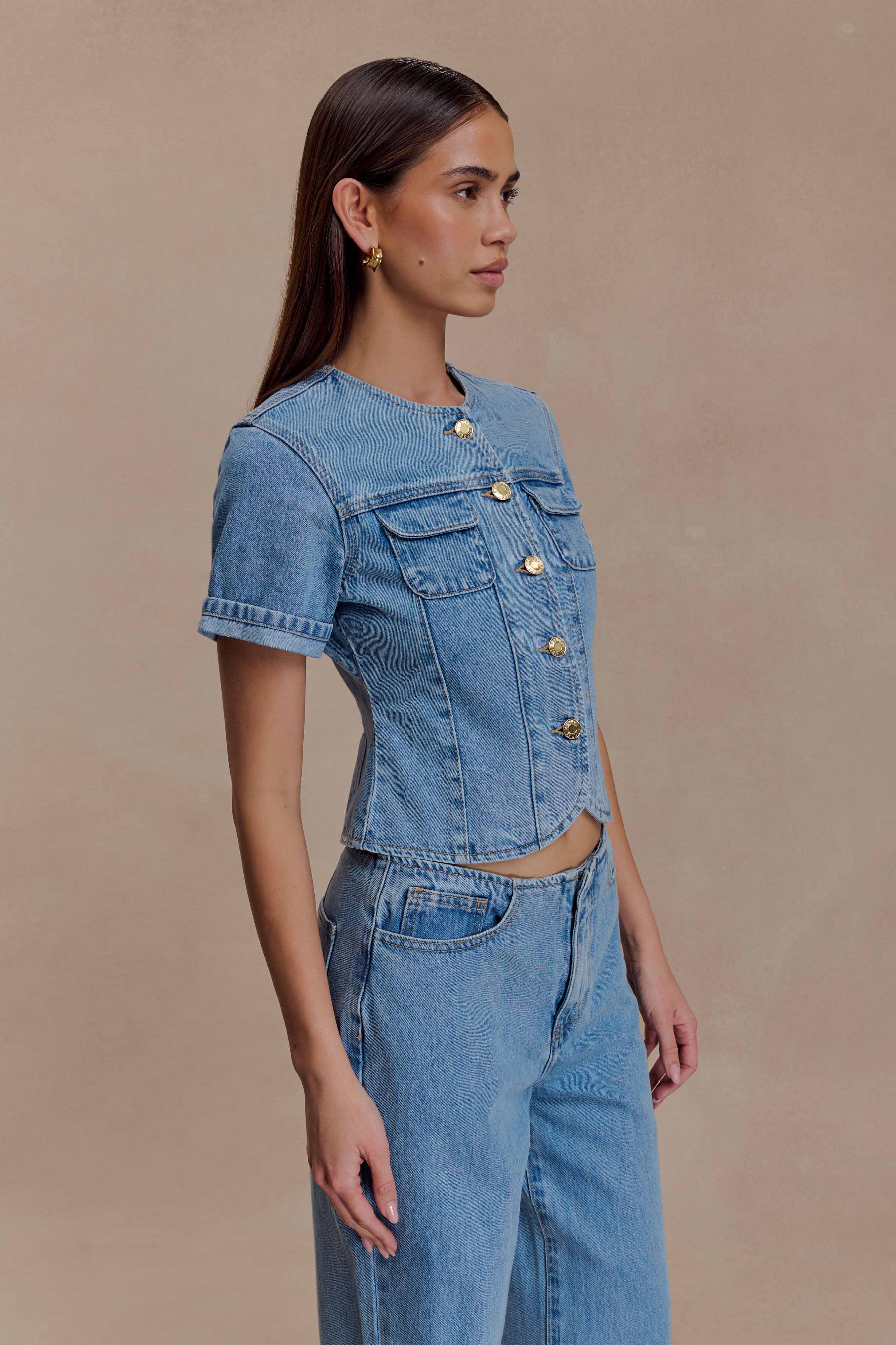 Marge Fitted Denim Short Sleeve Top - Classic Blue - Image 3