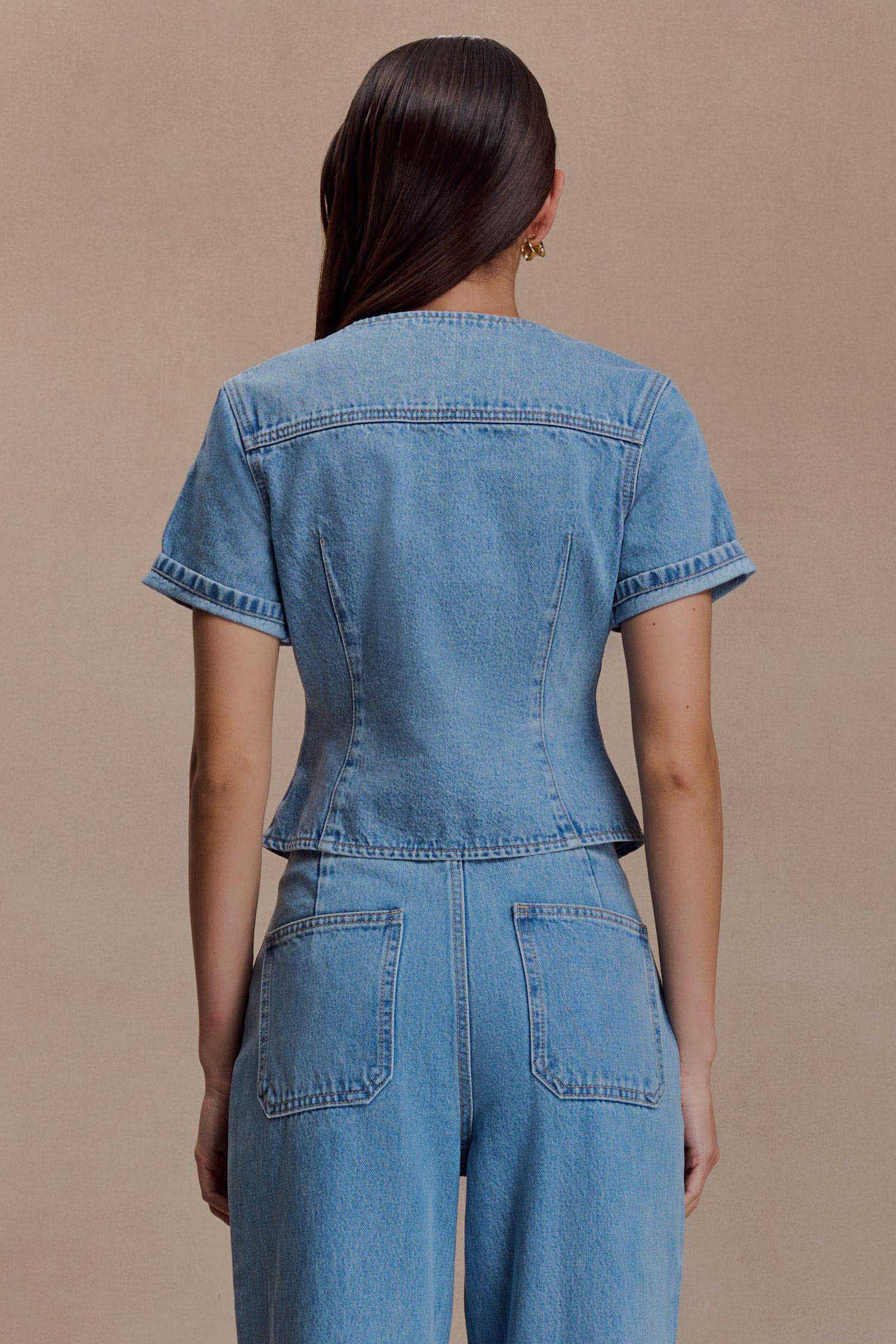 Alternative view of Marge Fitted Denim Short Sleeve Top - Classic Blue