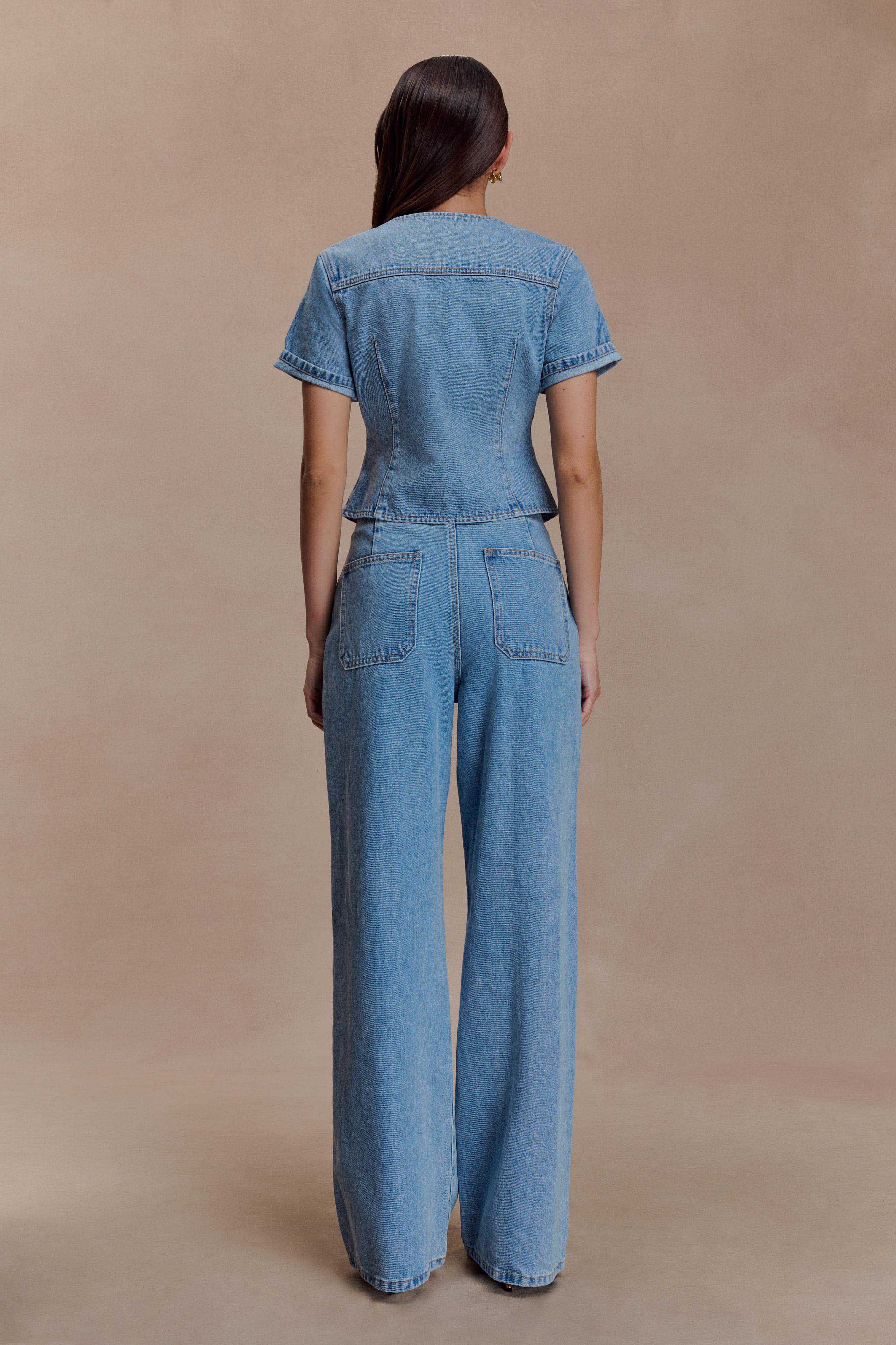 Marge Fitted Denim Short Sleeve Top - Classic Blue - Image 5