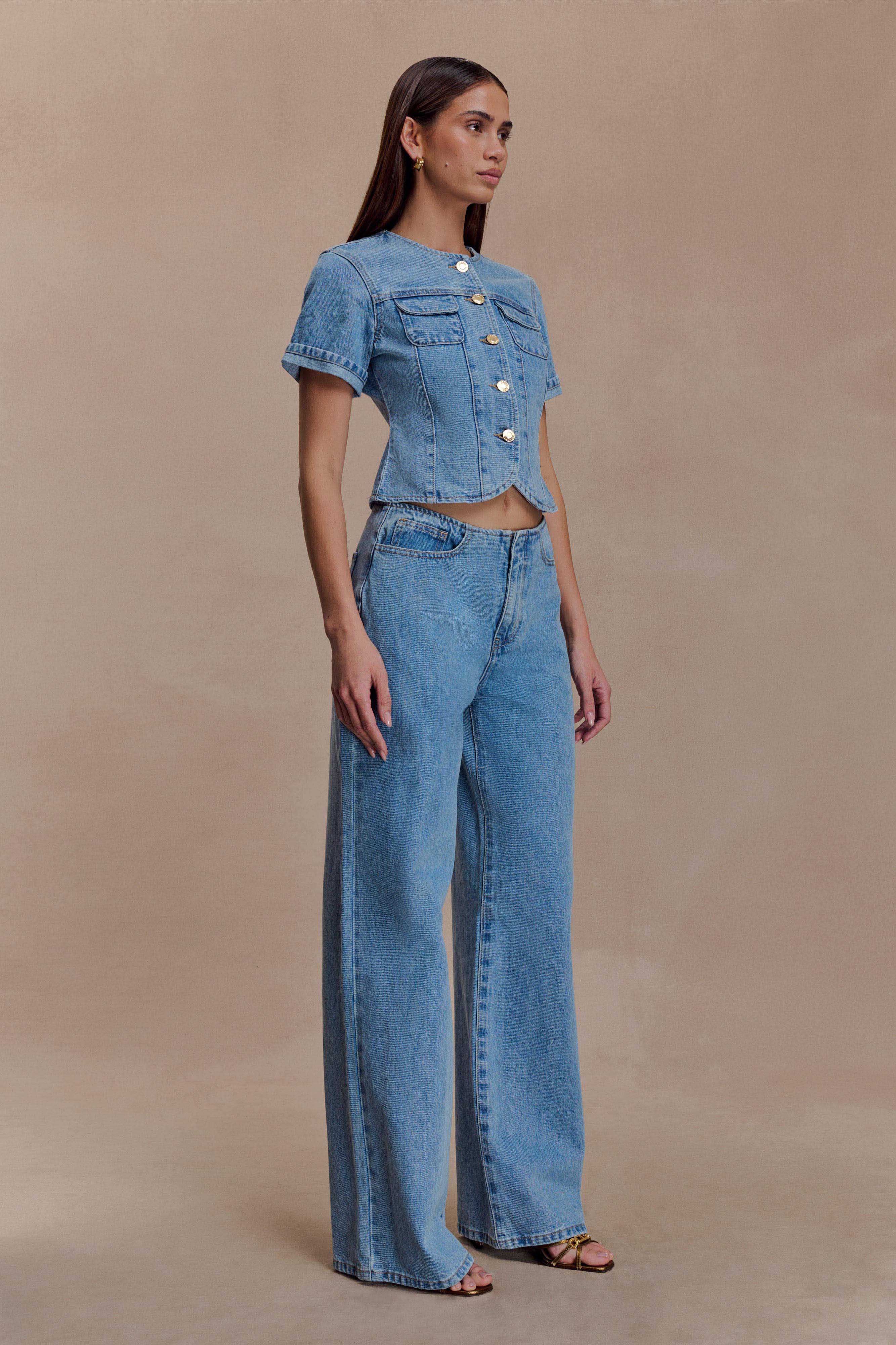 Marge Fitted Denim Short Sleeve Top - Classic Blue - Image 4