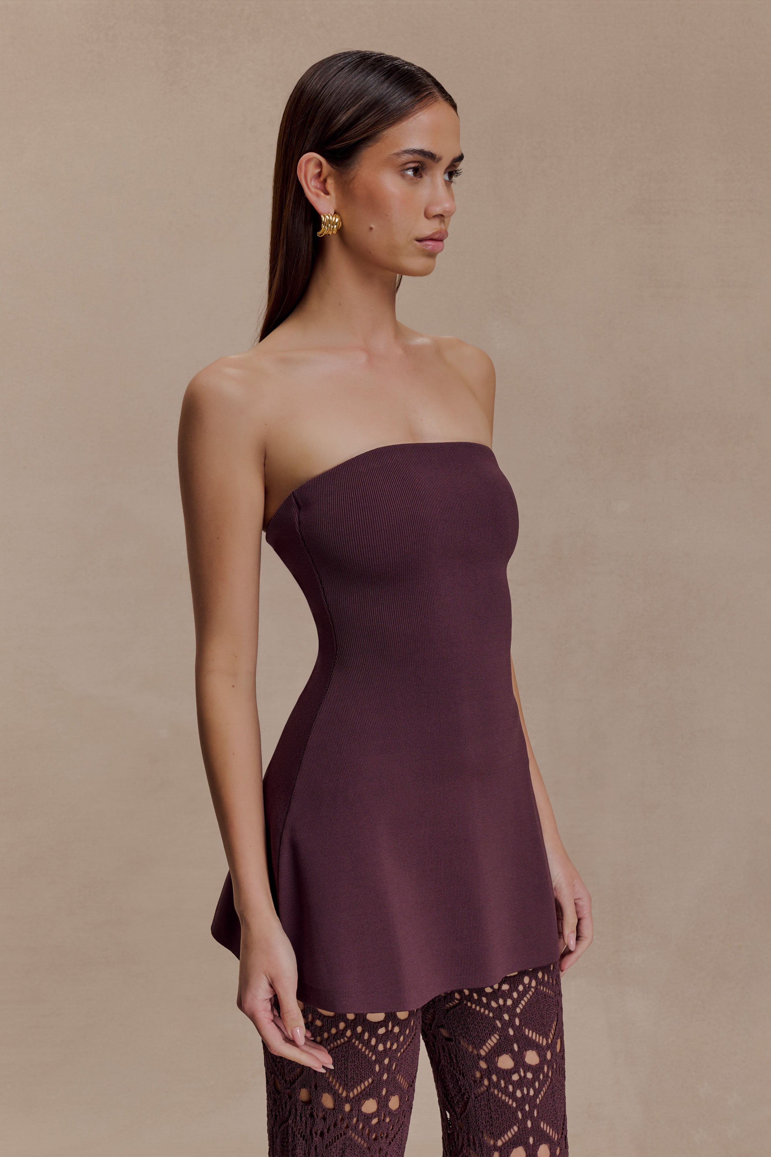 Anette Bandage Knit Strapless Top - Chocolate - Image 3
