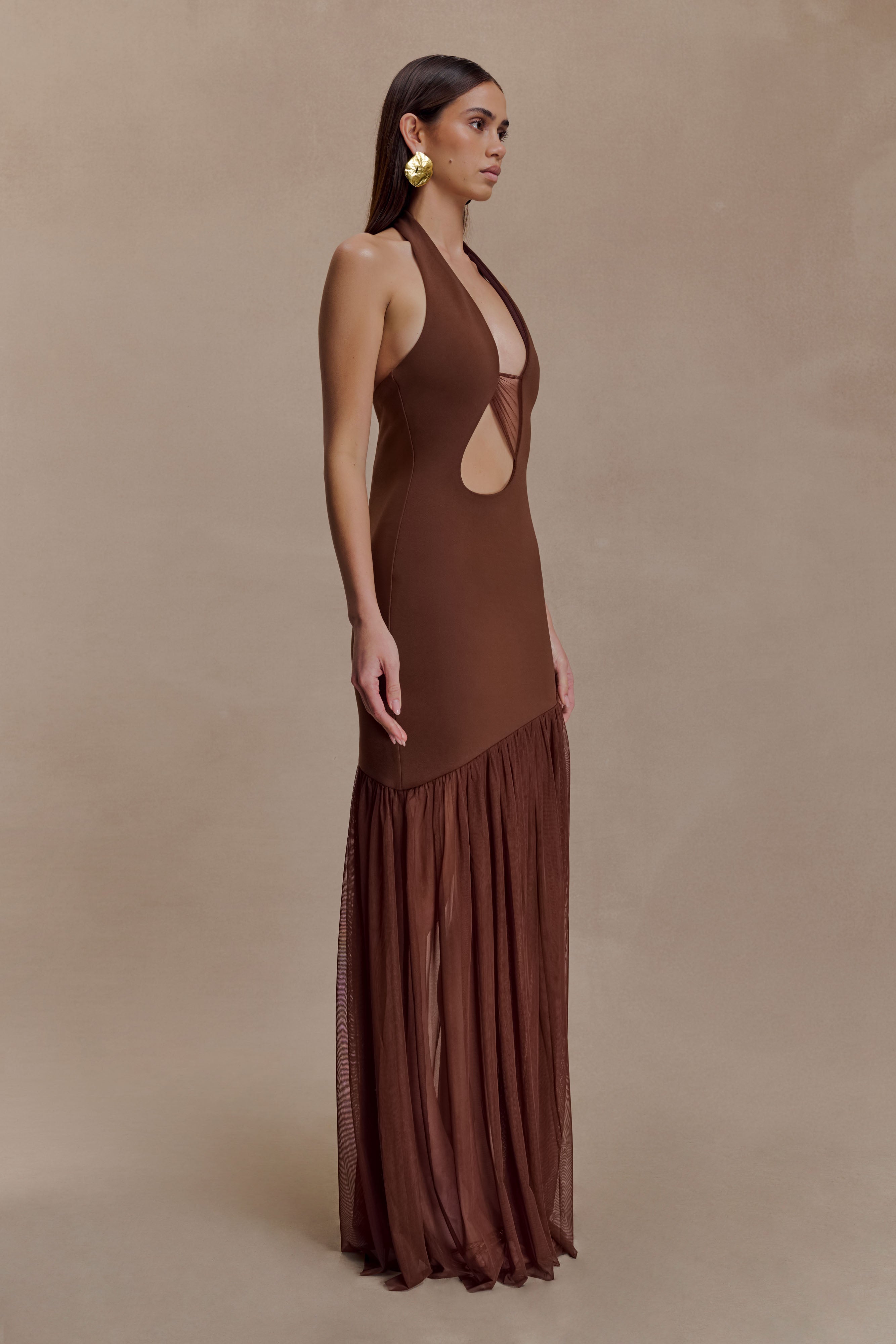 Aubree Crepe And Mesh Maxi Dress - Chocolate/Mocha - Image 3