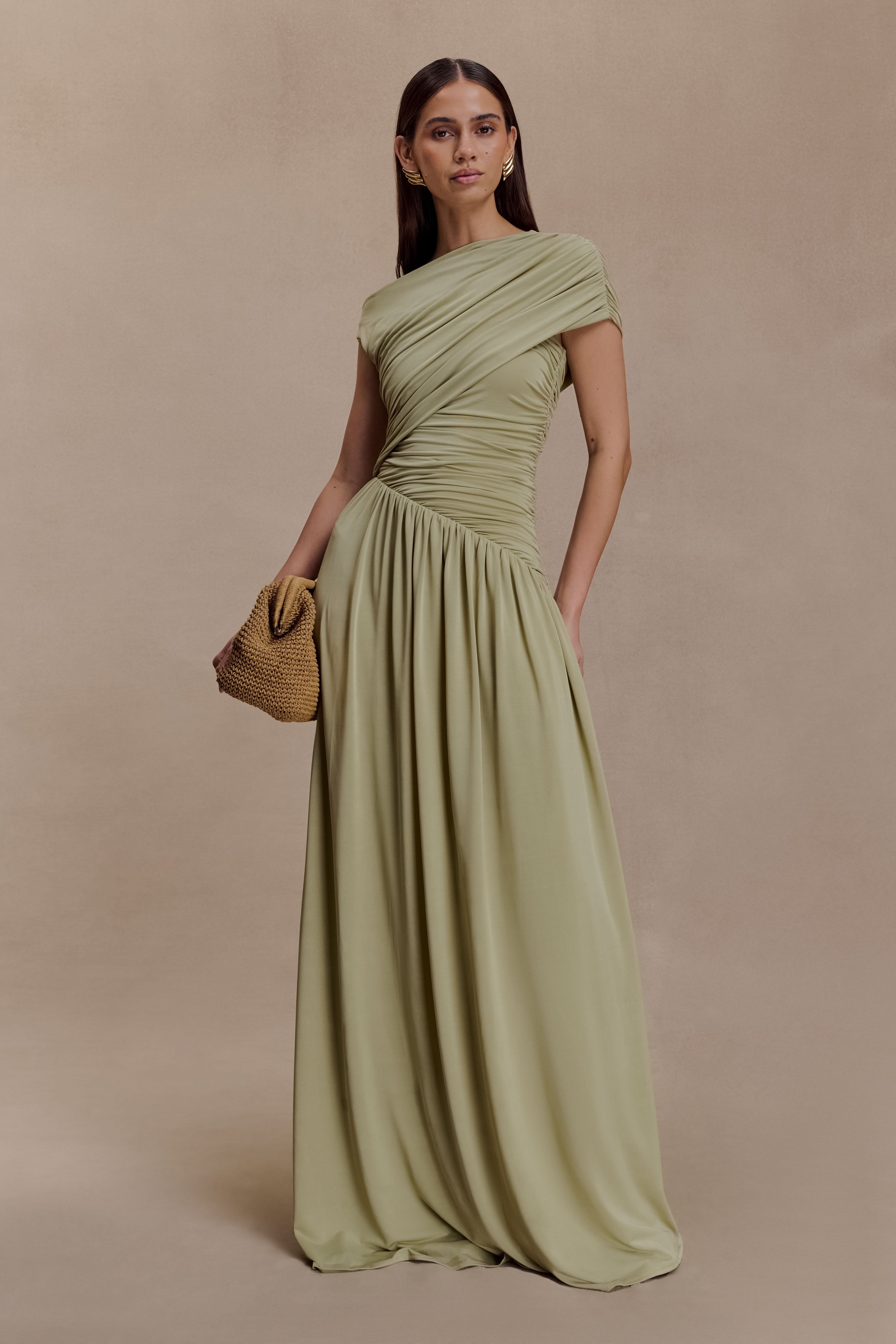 Ayeshya Slinky Asymmetric Maxi Dress - Sage - Image 3