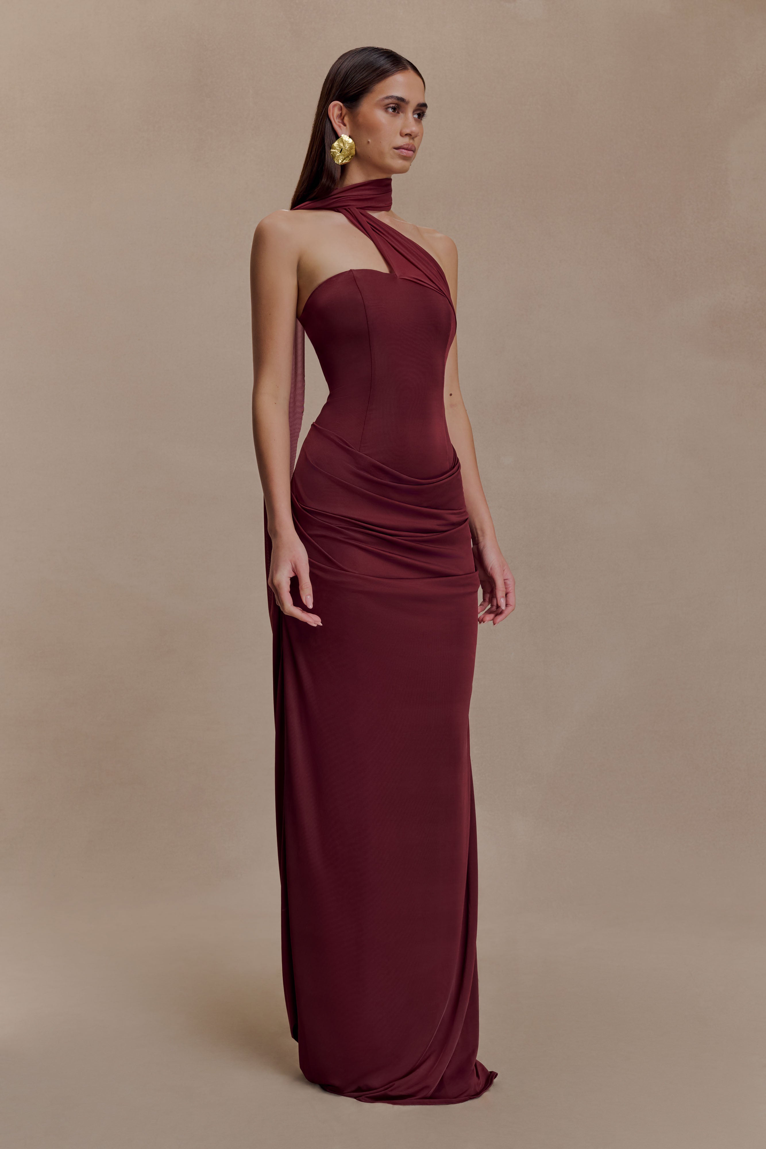 Mattea Slinky And Mesh Maxi Dress With Scarf - Burgundy - Image 3