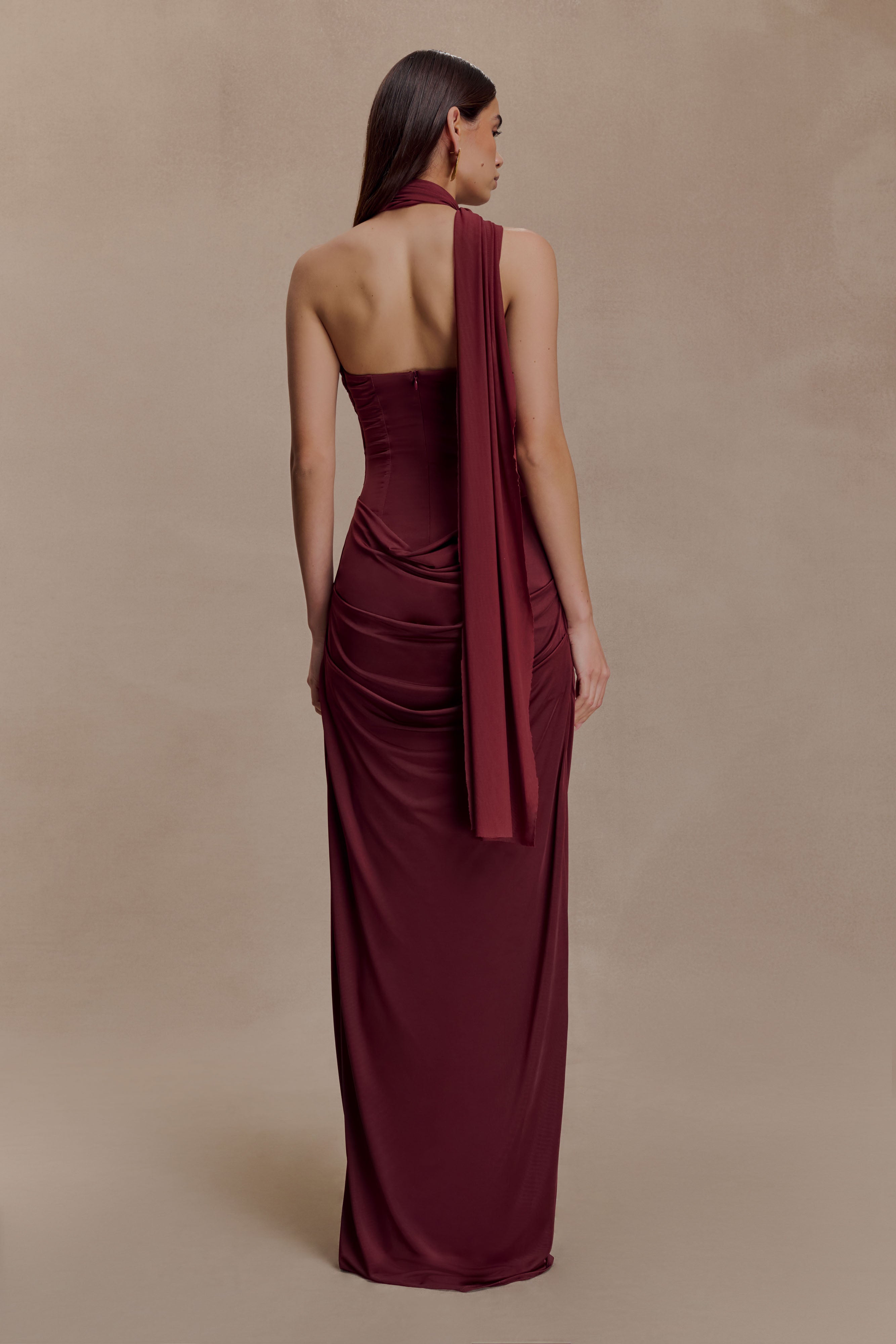Mattea Slinky And Mesh Maxi Dress With Scarf - Burgundy - Image 2