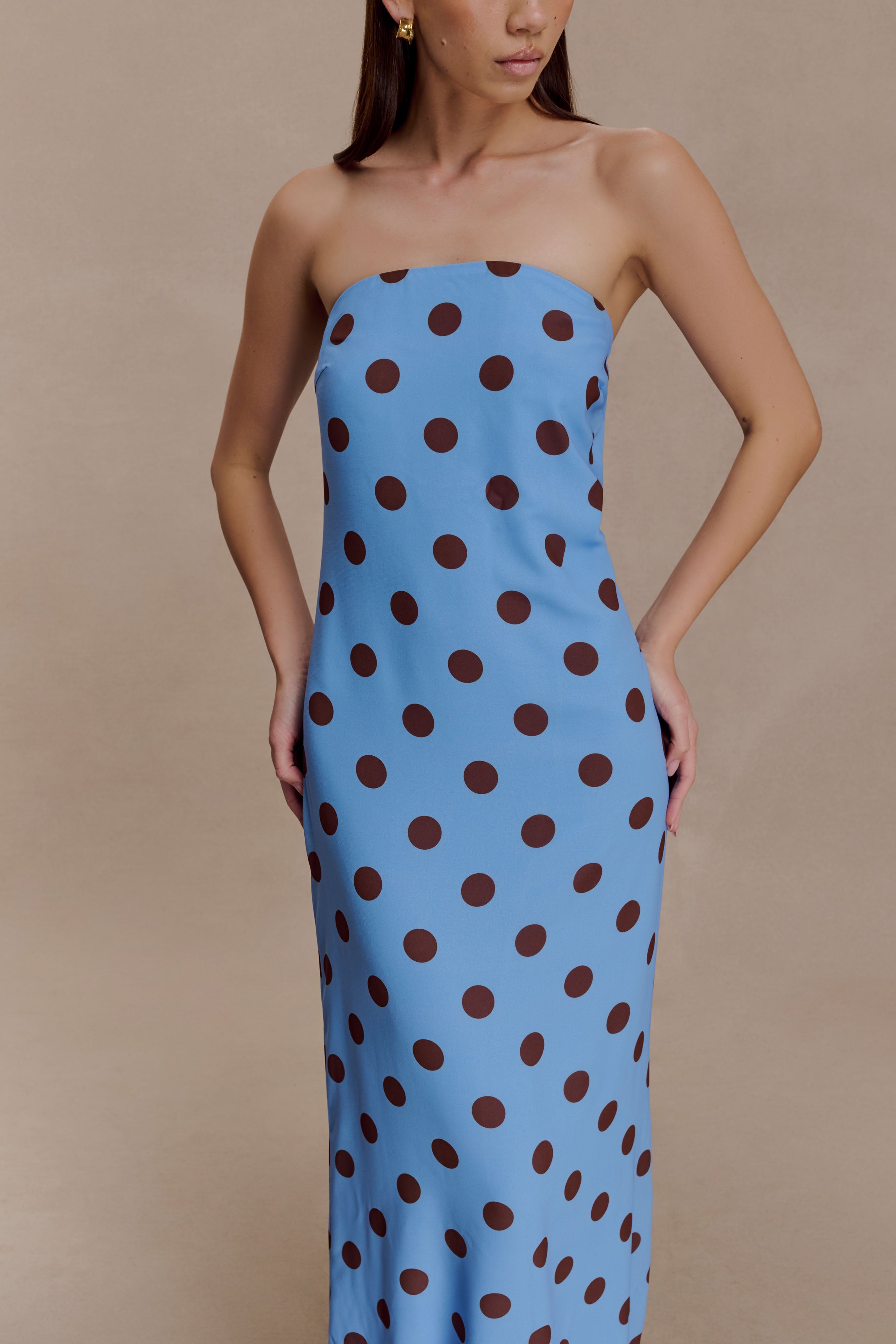 Amaya Strapless Chiffon Maxi Dress - Blue Polka Dot - Image 4