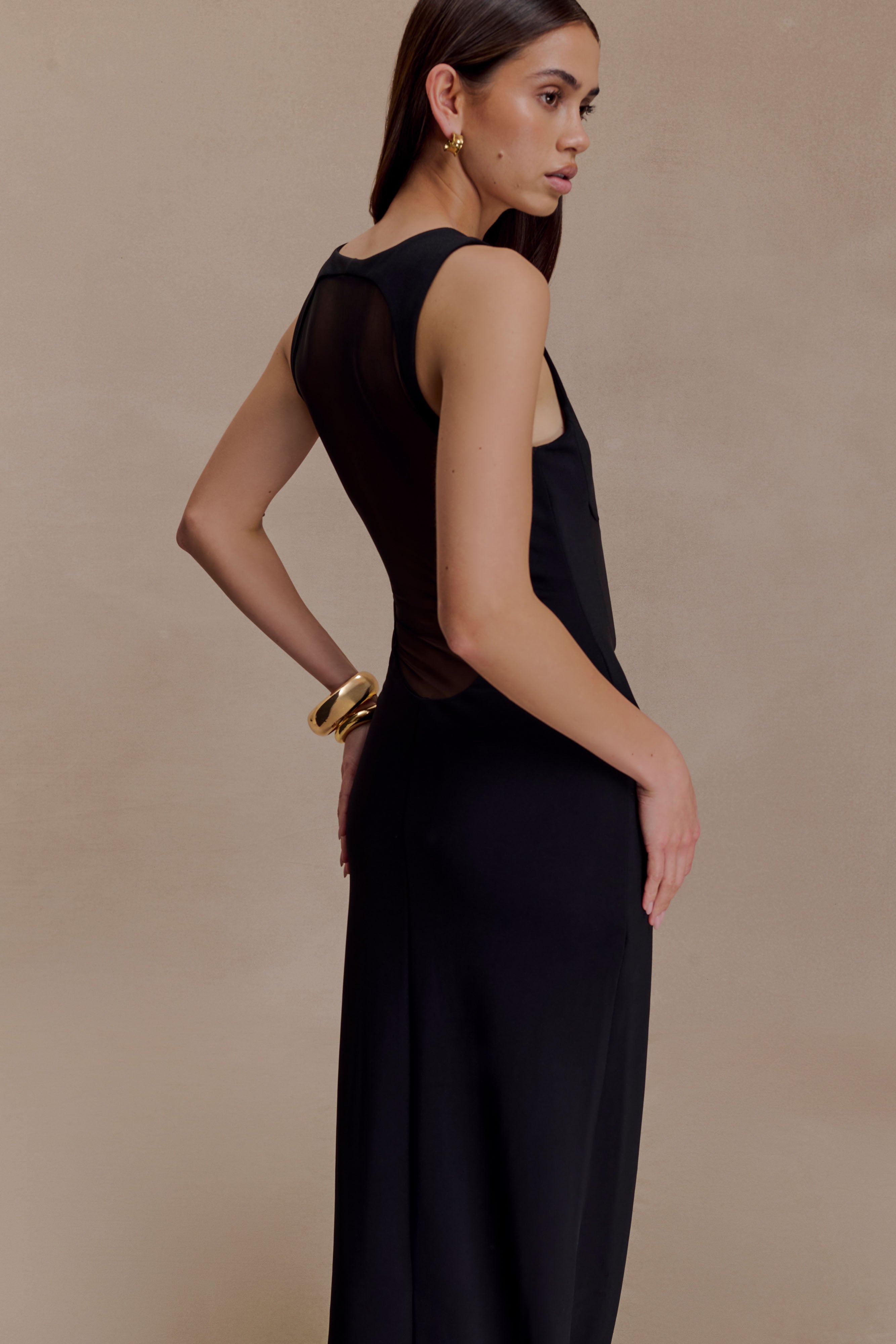 Marlon Crepe And Mesh Maxi Dress - Black - Image 6