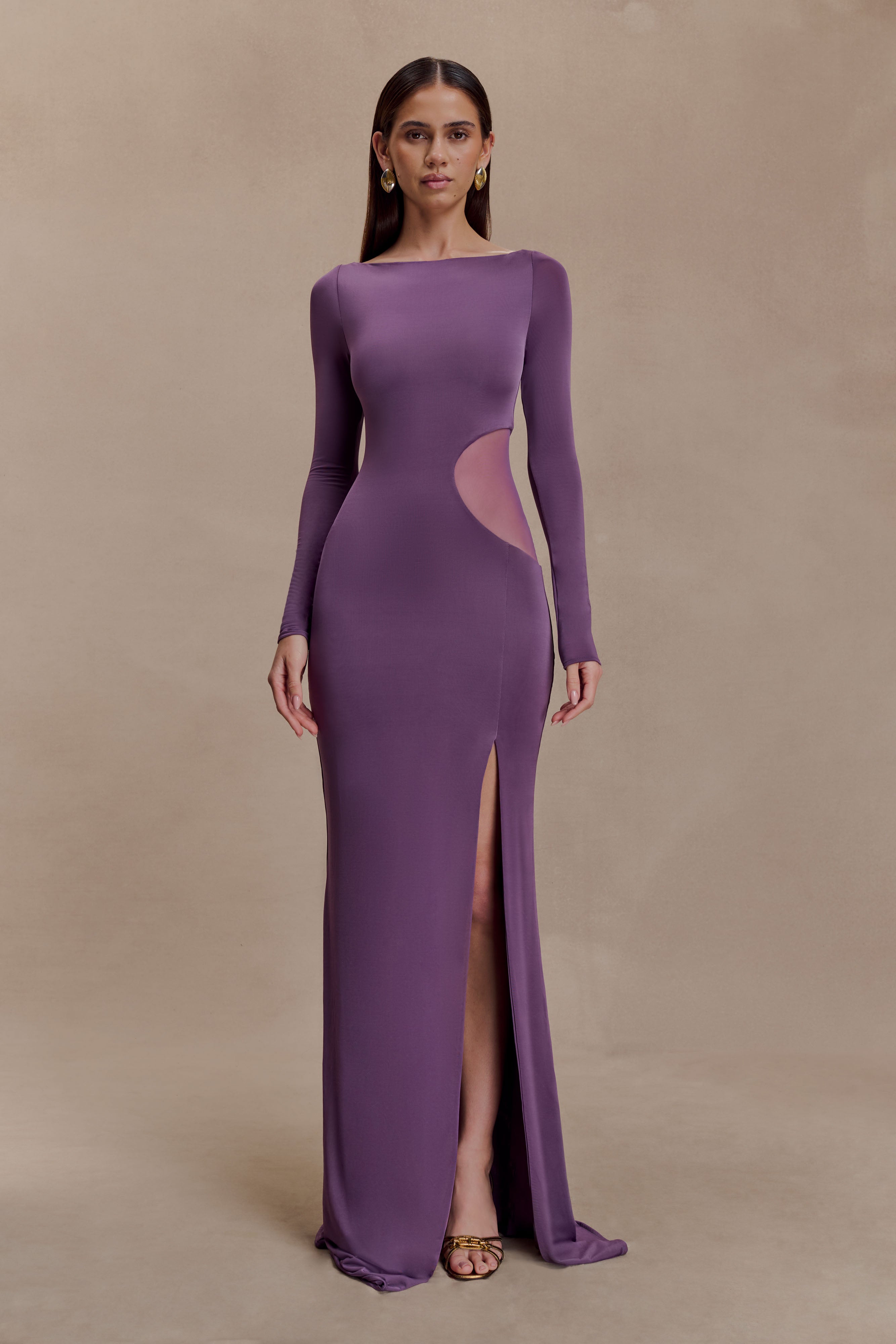 Megan Slinky And Mesh Maxi Dress - Purple - Image 3