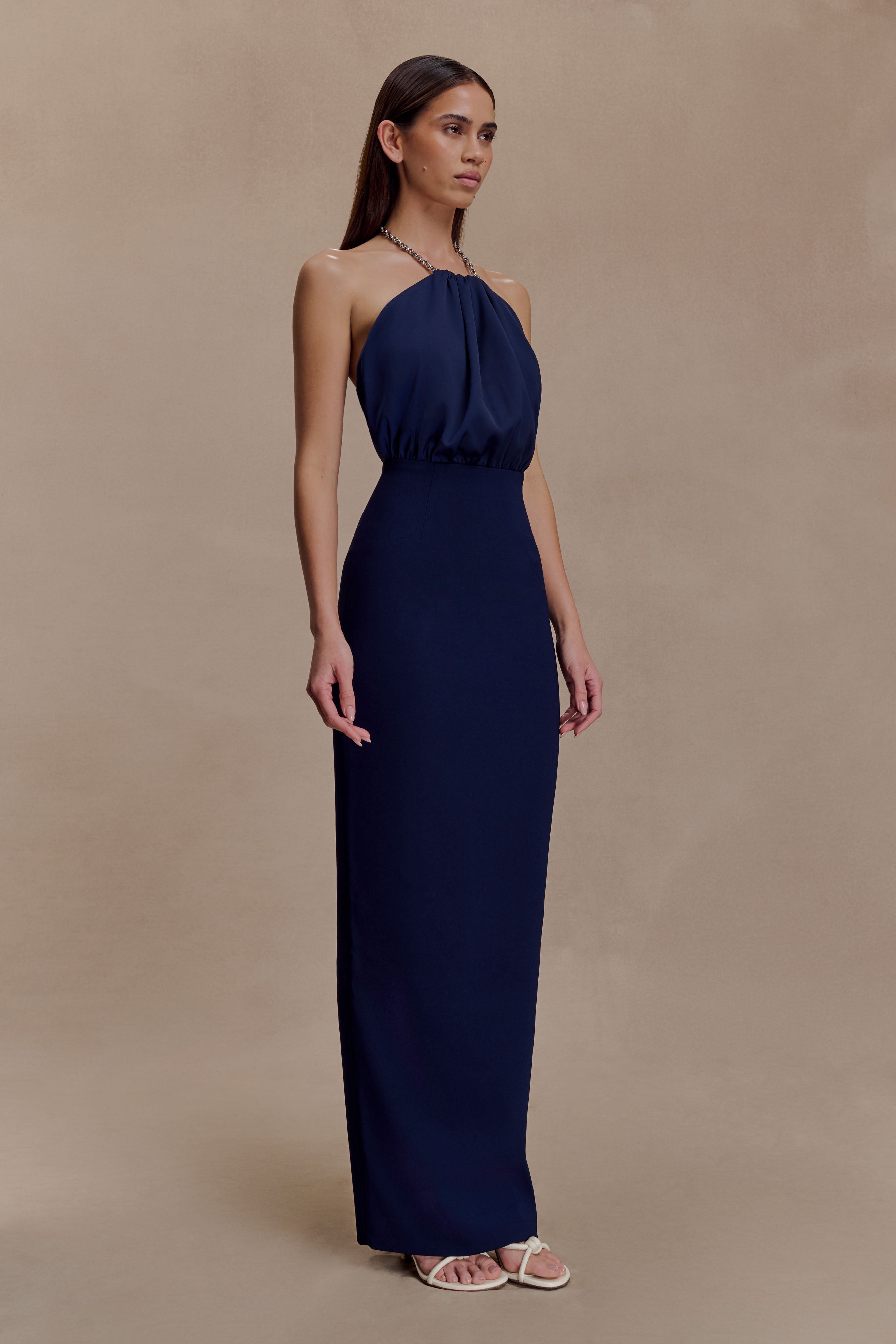 Elina Satin Necklace Maxi Dress - Navy - Image 4