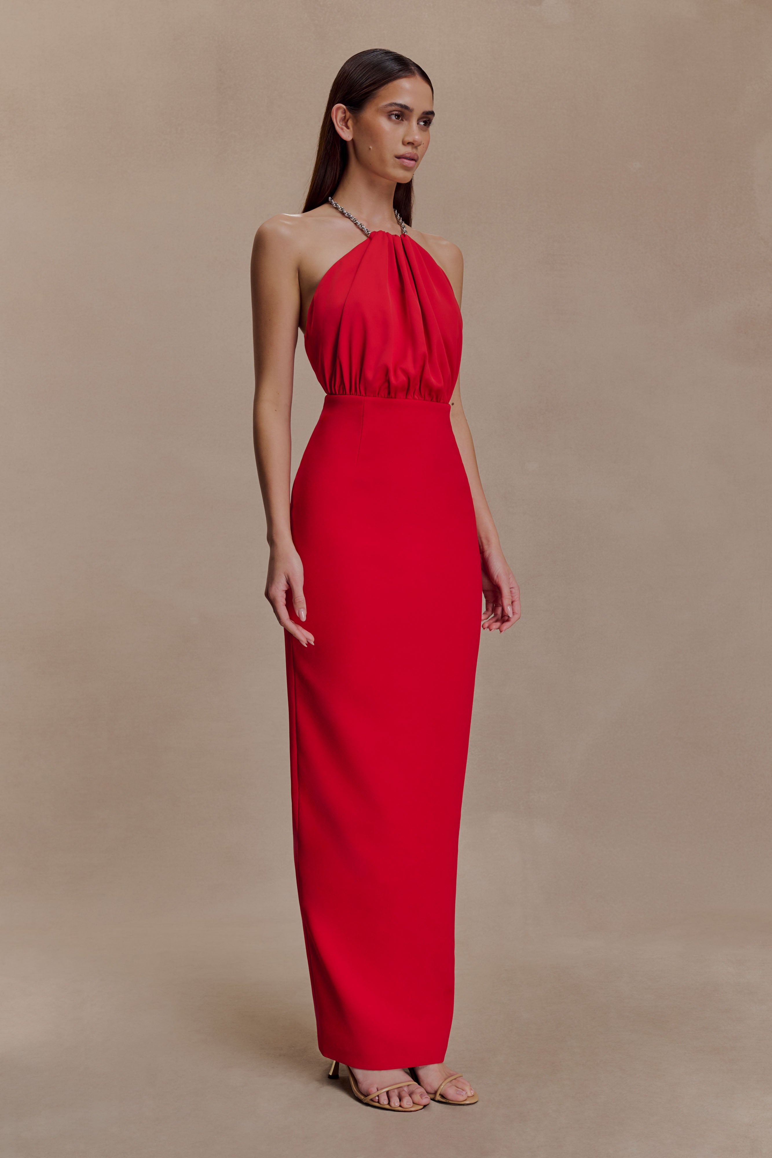 Elina Satin Necklace Maxi Dress - Red - Image 3