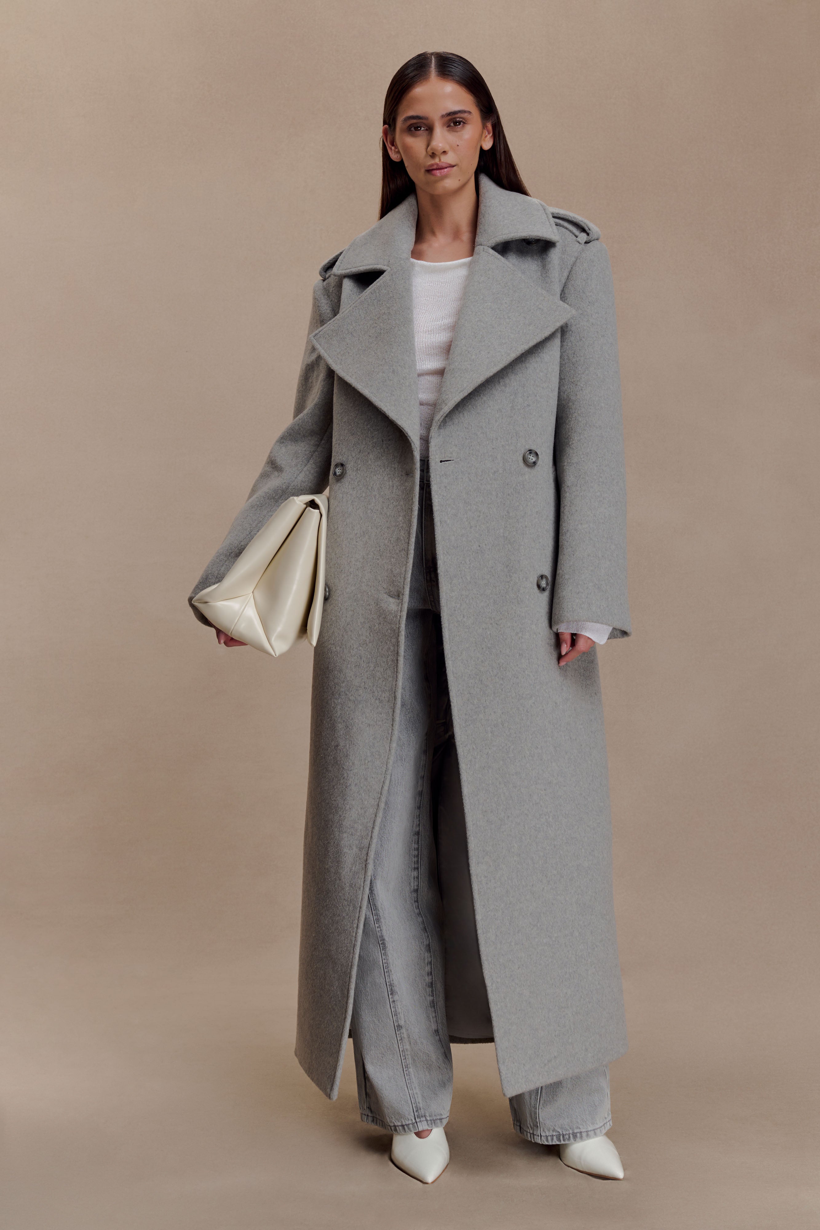 Levi Long Trench Wool Coat - Grey Marle - Image 6