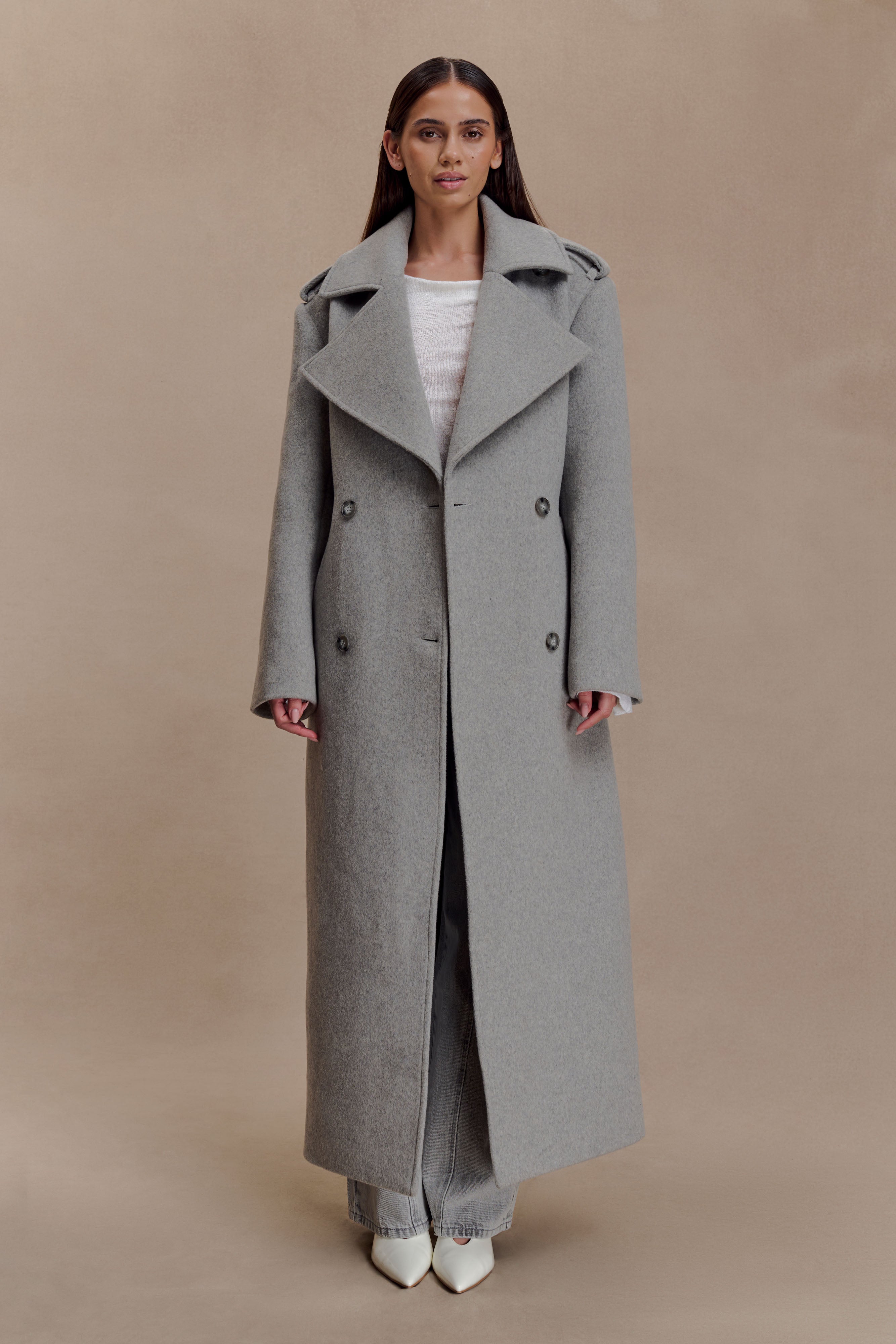 Levi Long Trench Wool Coat - Grey Marle - Image 2