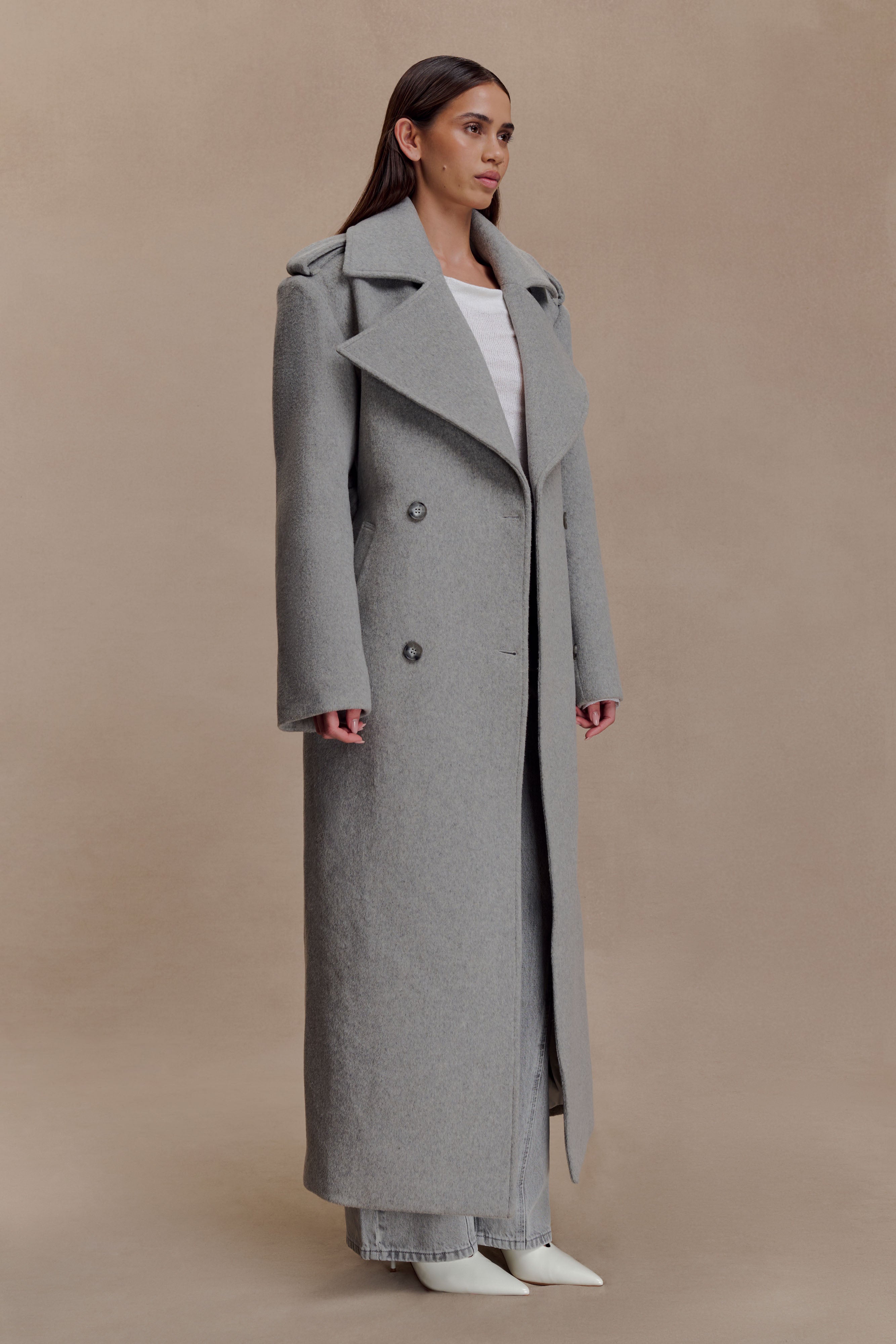 Levi Long Trench Wool Coat - Grey Marle - Image 5