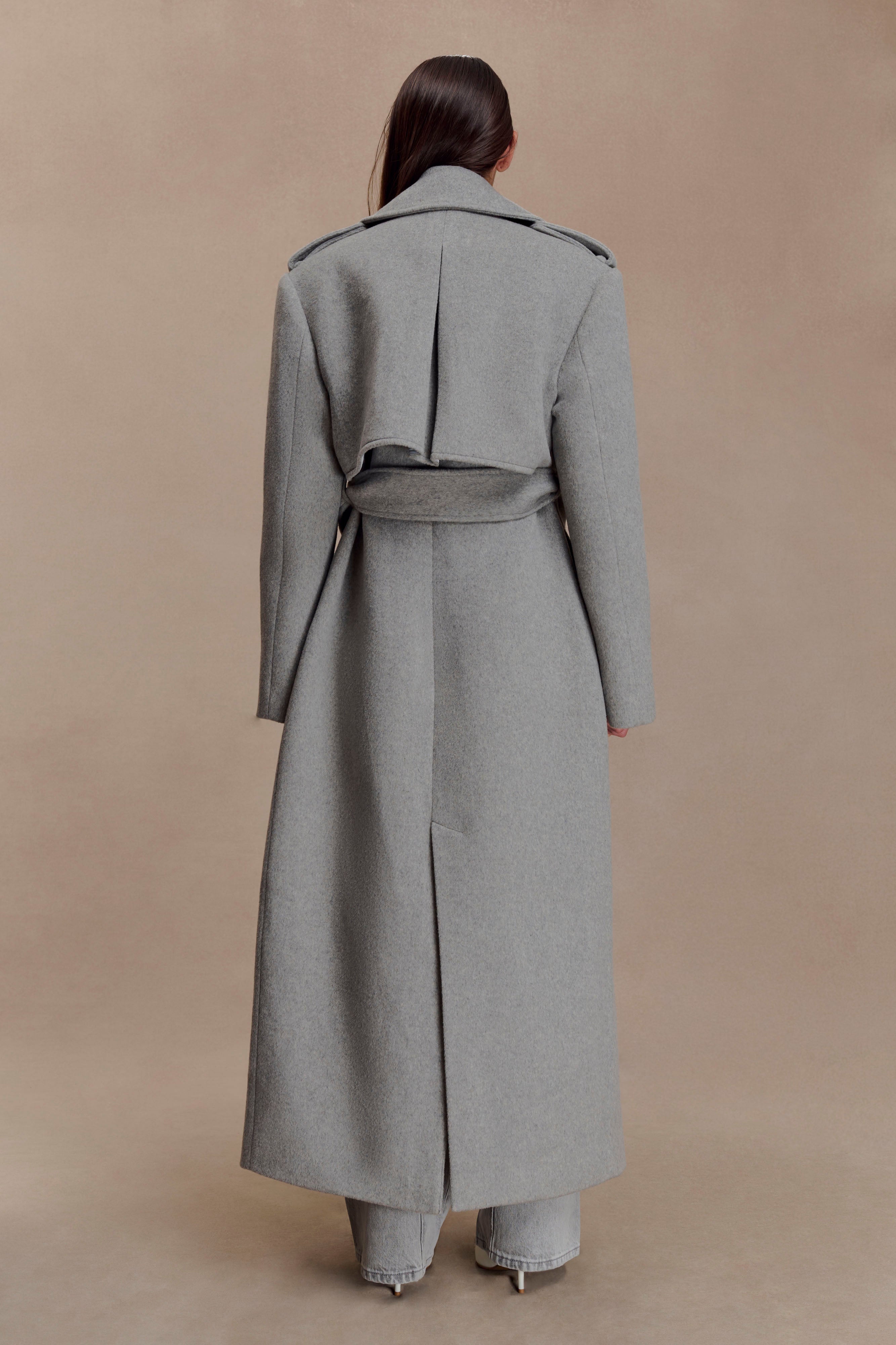 Levi Long Trench Wool Coat - Grey Marle - Image 3