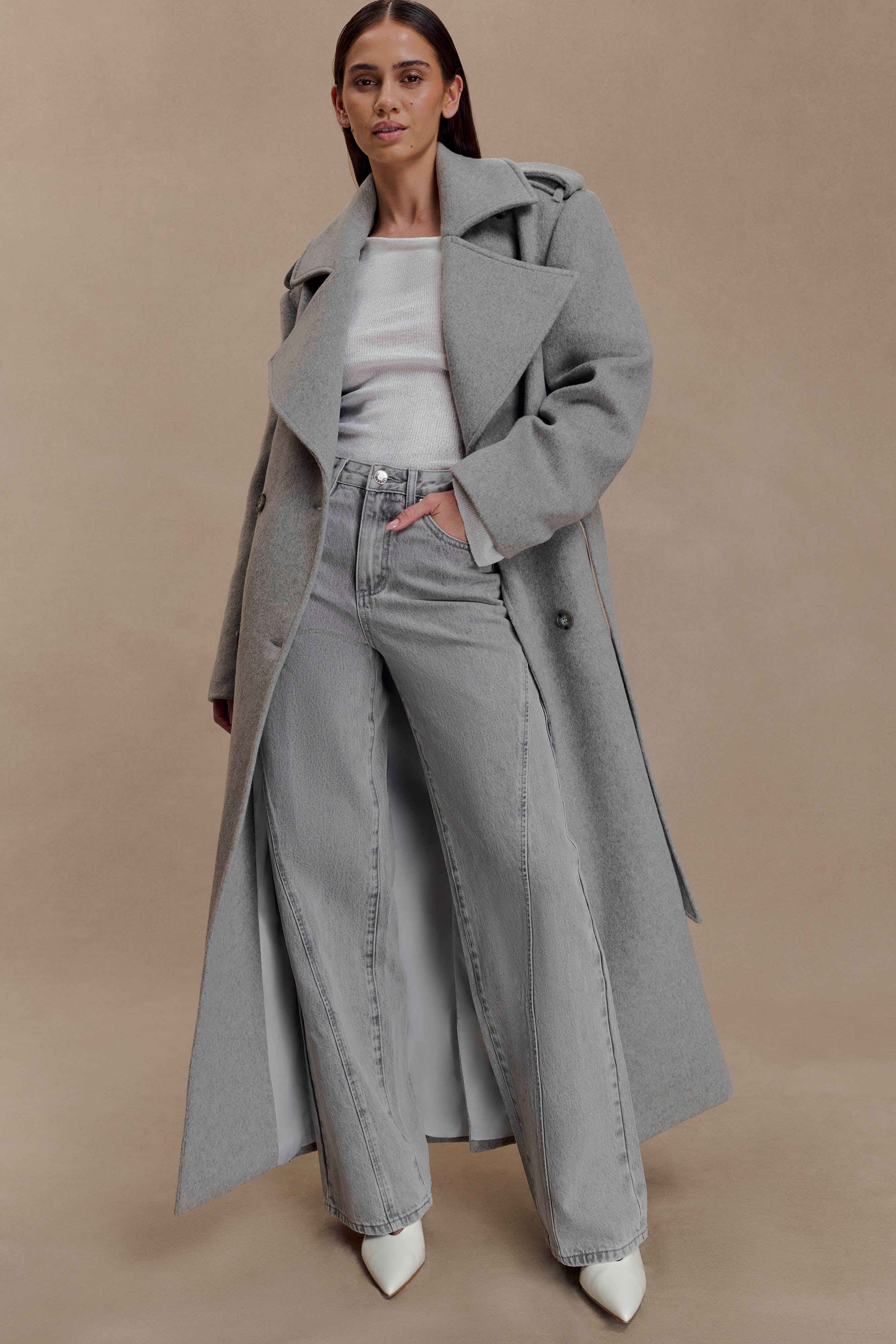 Levi Long Trench Wool Coat - Grey Marle - Image 4