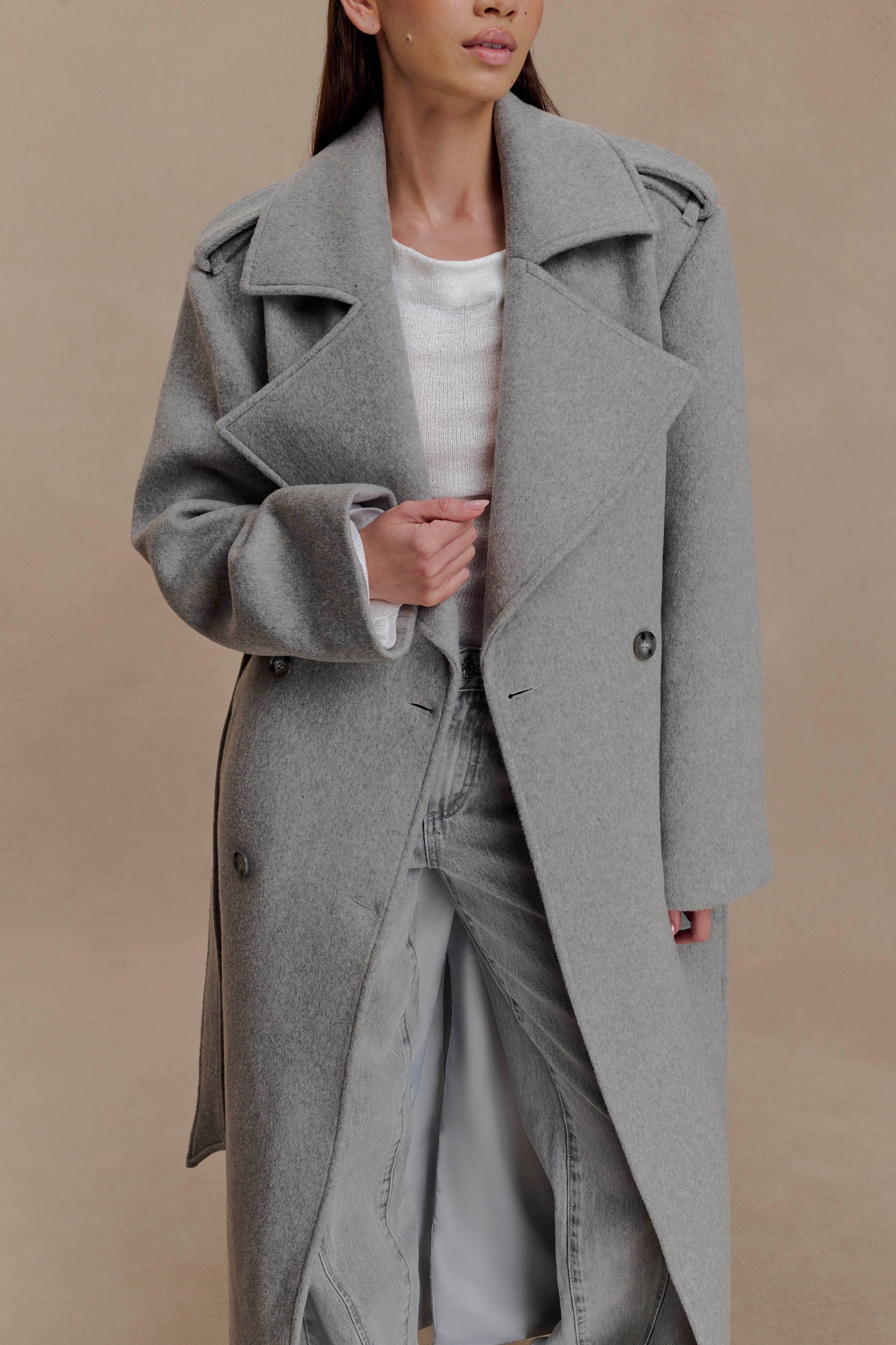 Levi Long Trench Wool Coat - Grey Marle - Image 8