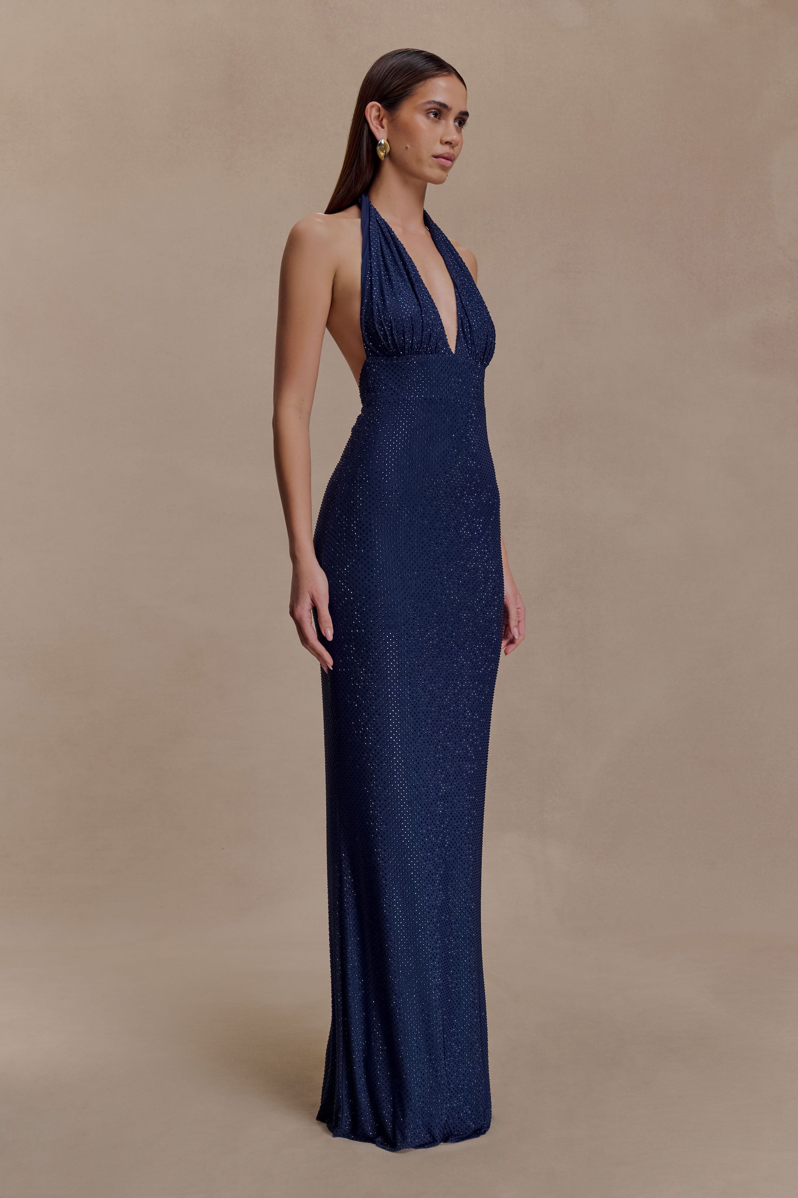 Harriet Halter Neck Diamante Maxi Dress - Navy - Image 7